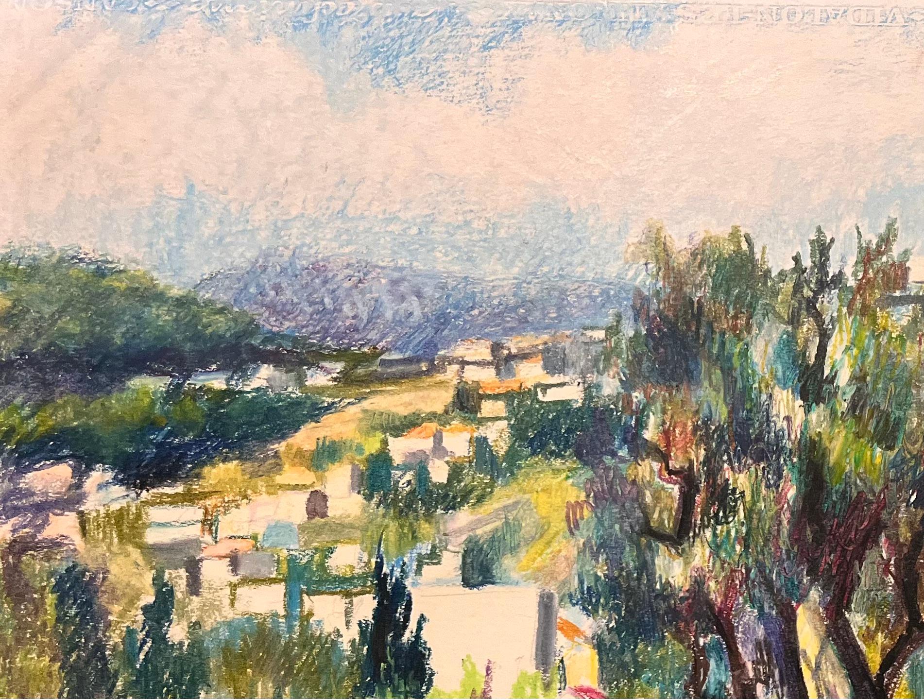 Title: Mid Century French Original Pastel Painting of Hillside Village with Olive Trees

Artist: Josine Vignon (French 1922-2022)

Medium: Oil Pastel on artist paper

Size: 19.75 (height) x 25.5 (width)

Signed: Yes

Condition: Good

Provenance: All