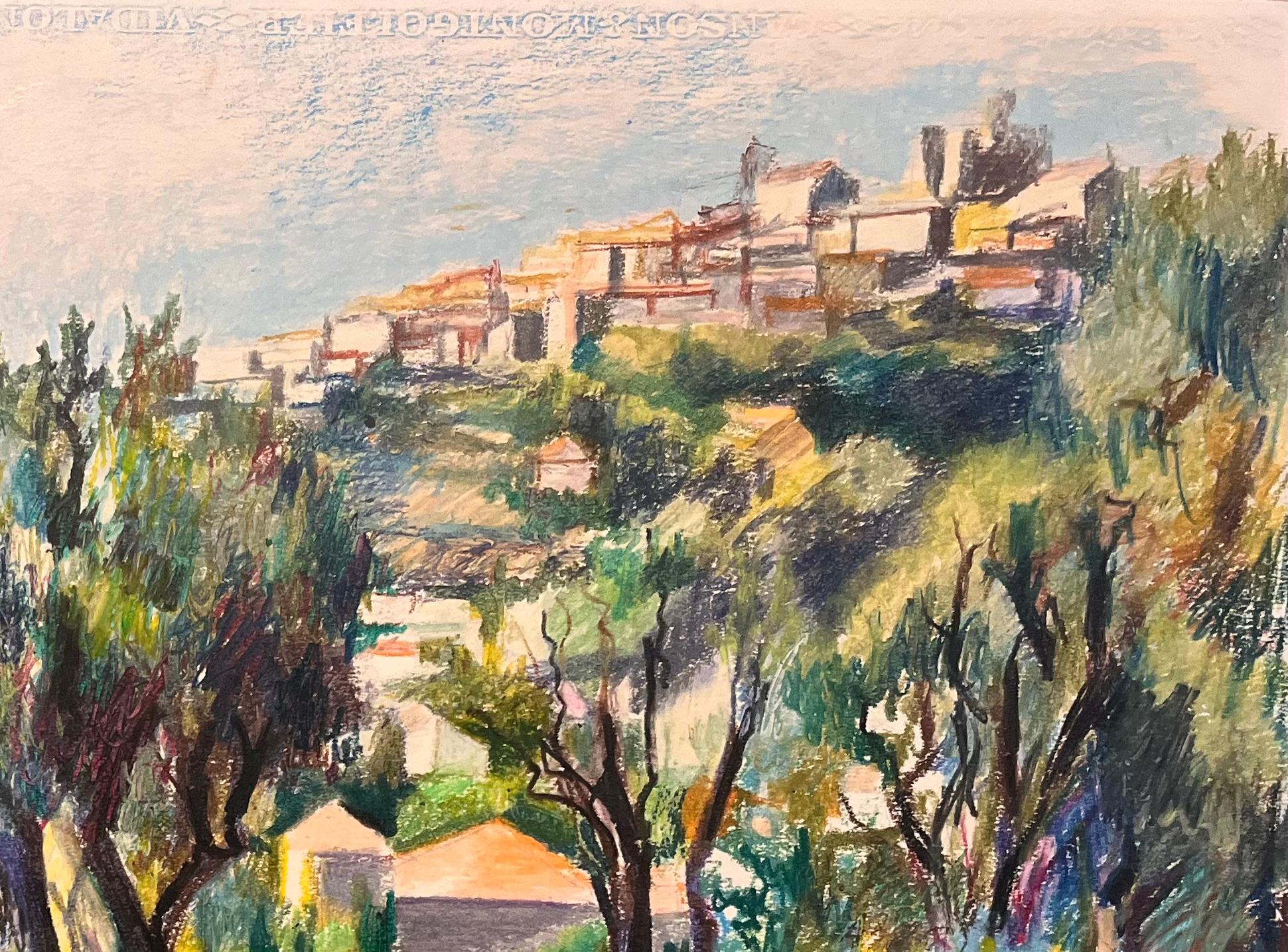 Mid Century French Original Pastel Painting of Hillside Village with Olive Trees For Sale 1