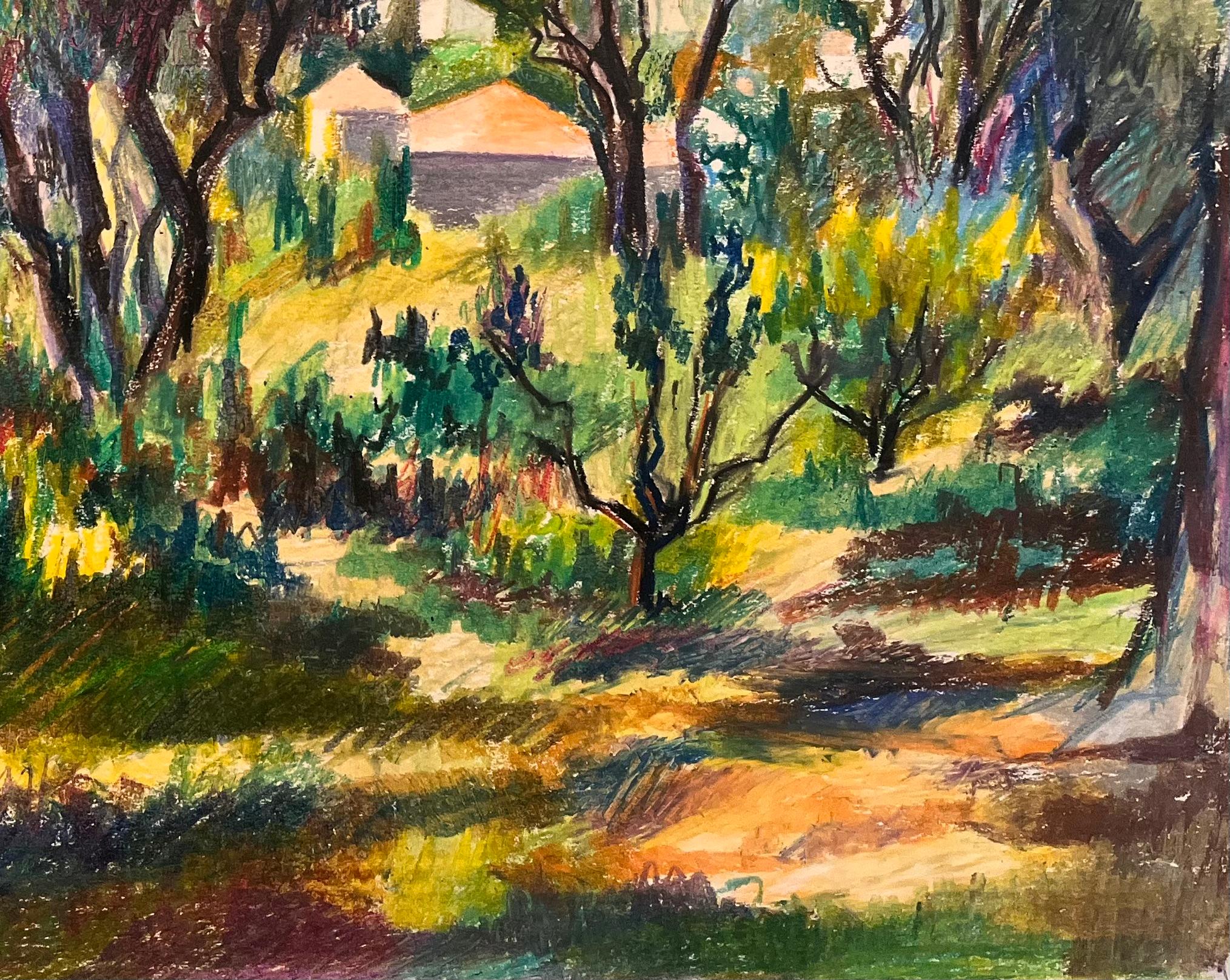 Mid Century French Original Pastel Painting of Hillside Village with Olive Trees For Sale 2