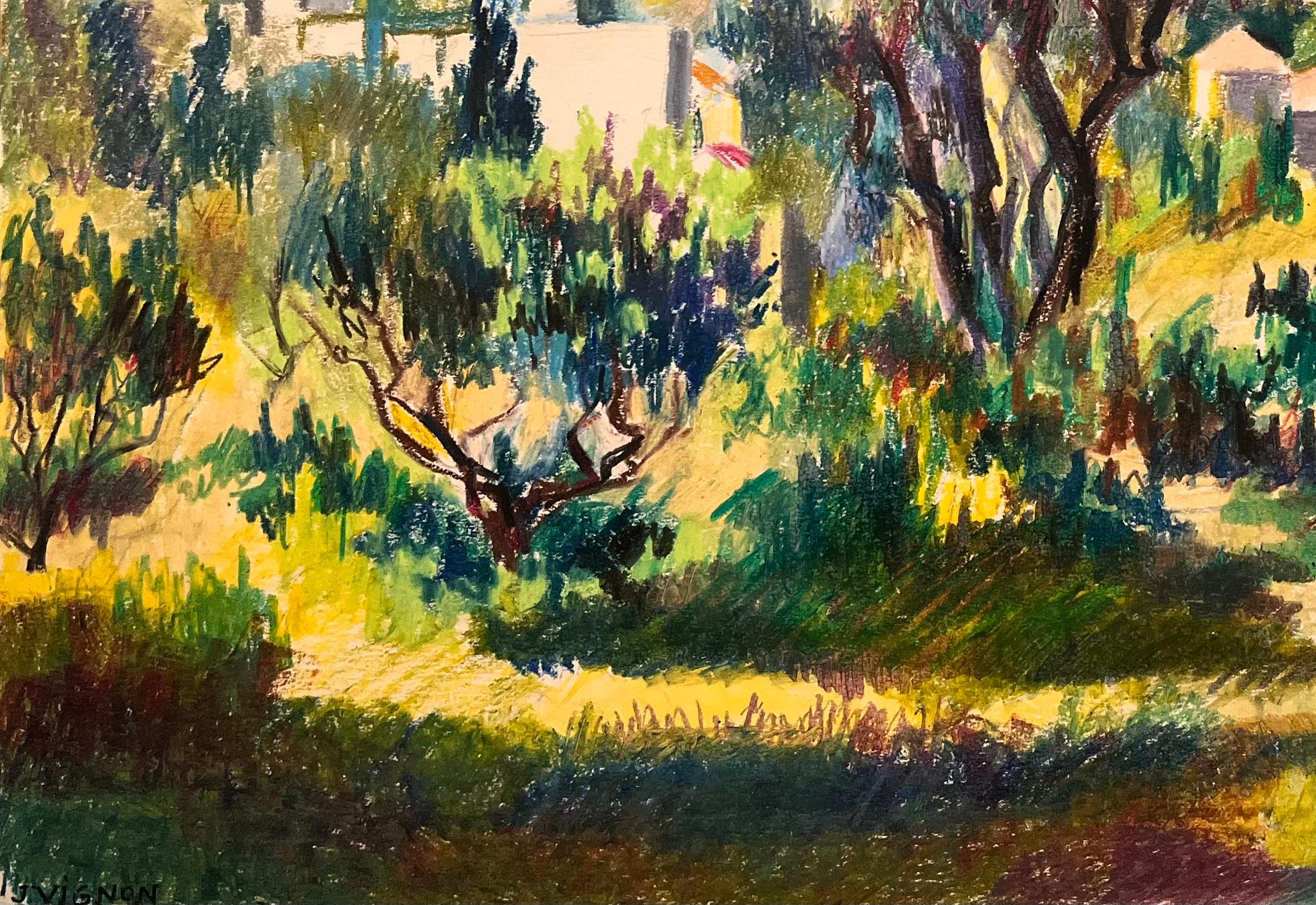 Mid Century French Original Pastel Painting of Hillside Village with Olive Trees For Sale 3