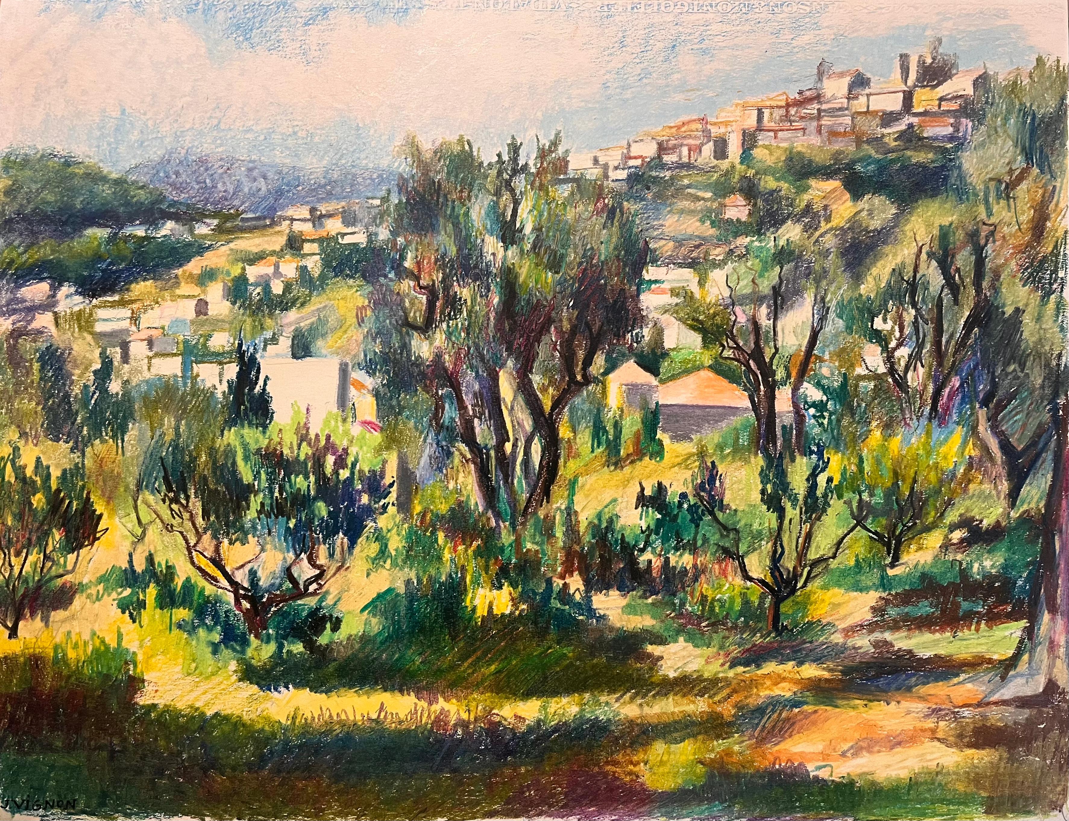 Josine Vignon Landscape Painting - Mid Century French Original Pastel Painting of Hillside Village with Olive Trees