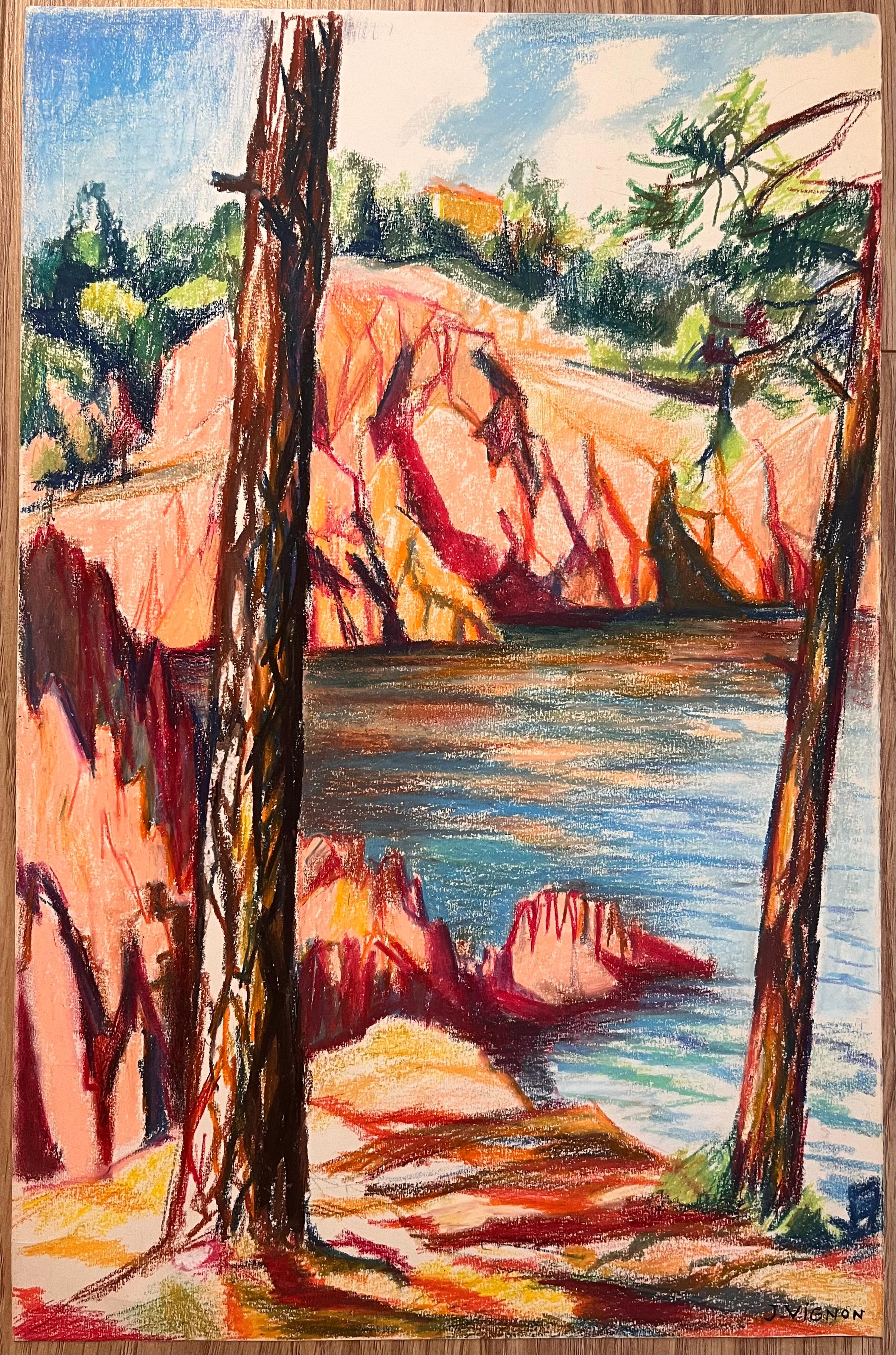 Pittura originale a pastello della metà del secolo scorso raffigurante una vista costiera rocciosa a Le Trayas - Painting di Josine Vignon