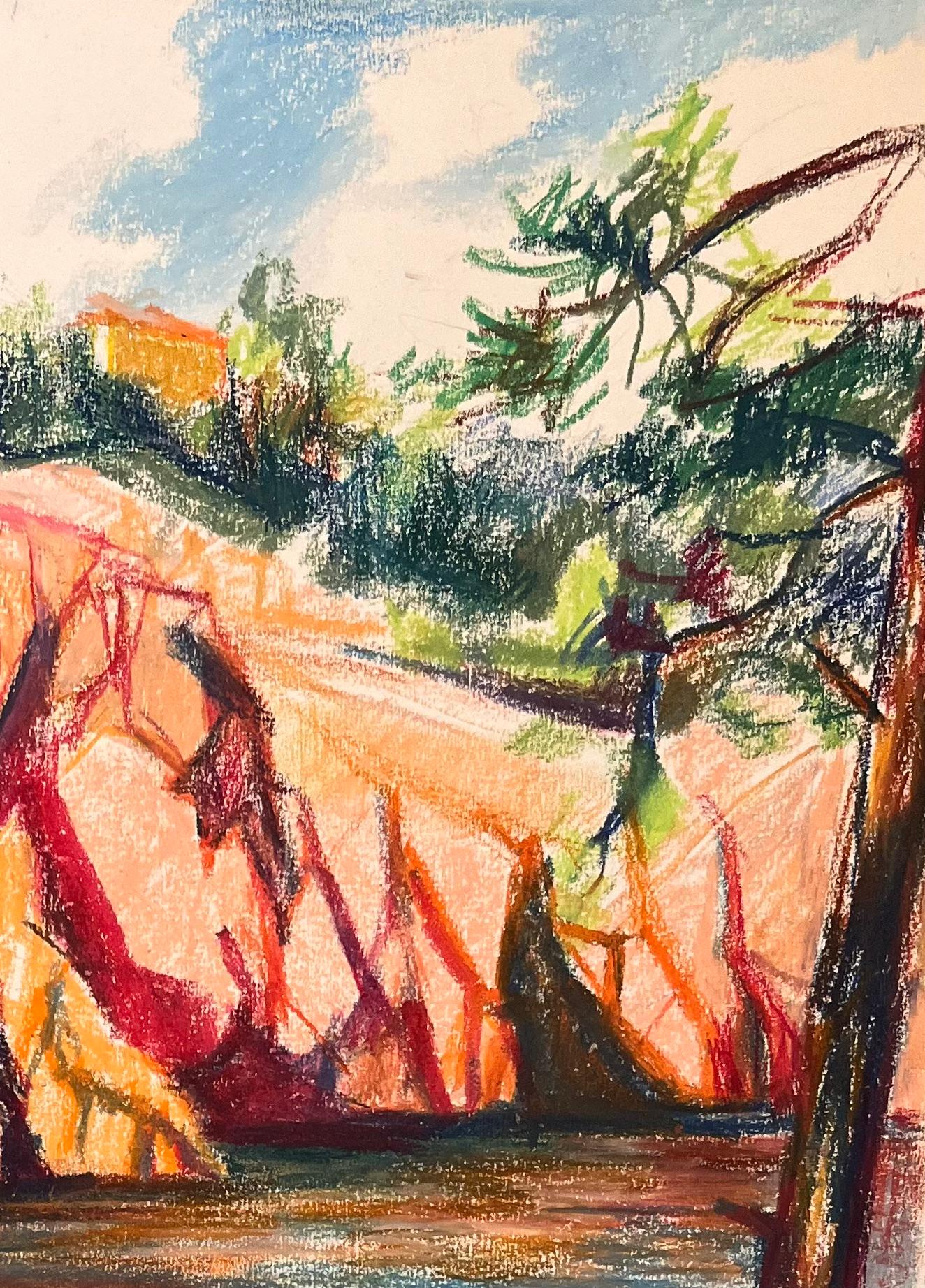 Pittura originale a pastello della metà del secolo scorso raffigurante una vista costiera rocciosa a Le Trayas - Landscape Painting Beige di Josine Vignon
