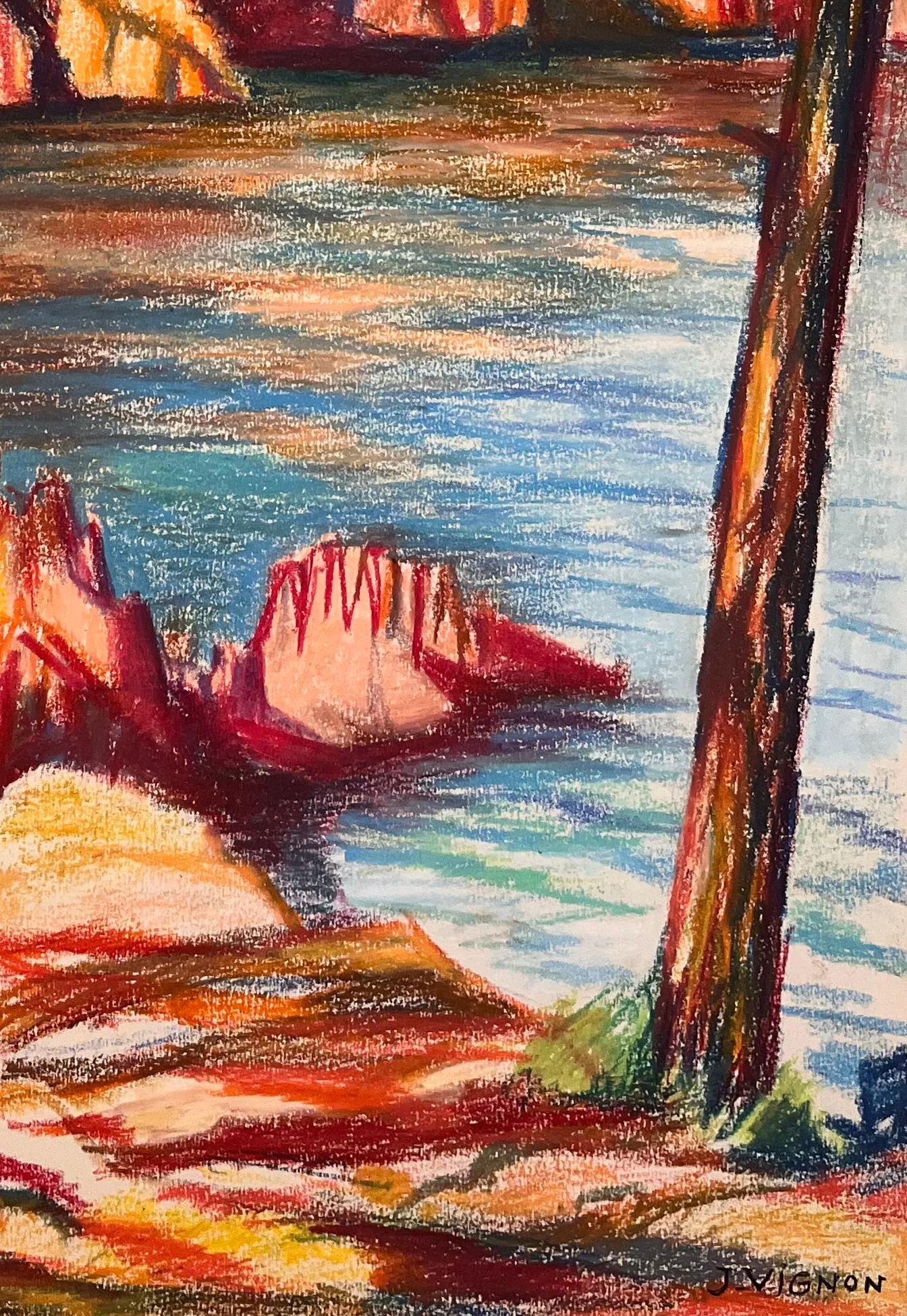 Titolo: Pittura originale a pastello di metà secolo francese con vista sulla costa rocciosa a Le Trayas

Artista: Josine Vignon (francese, 1922-2022)

Medium: Pastello a olio su carta d'artista

Dimensioni: 19,75 (altezza) x 12,75