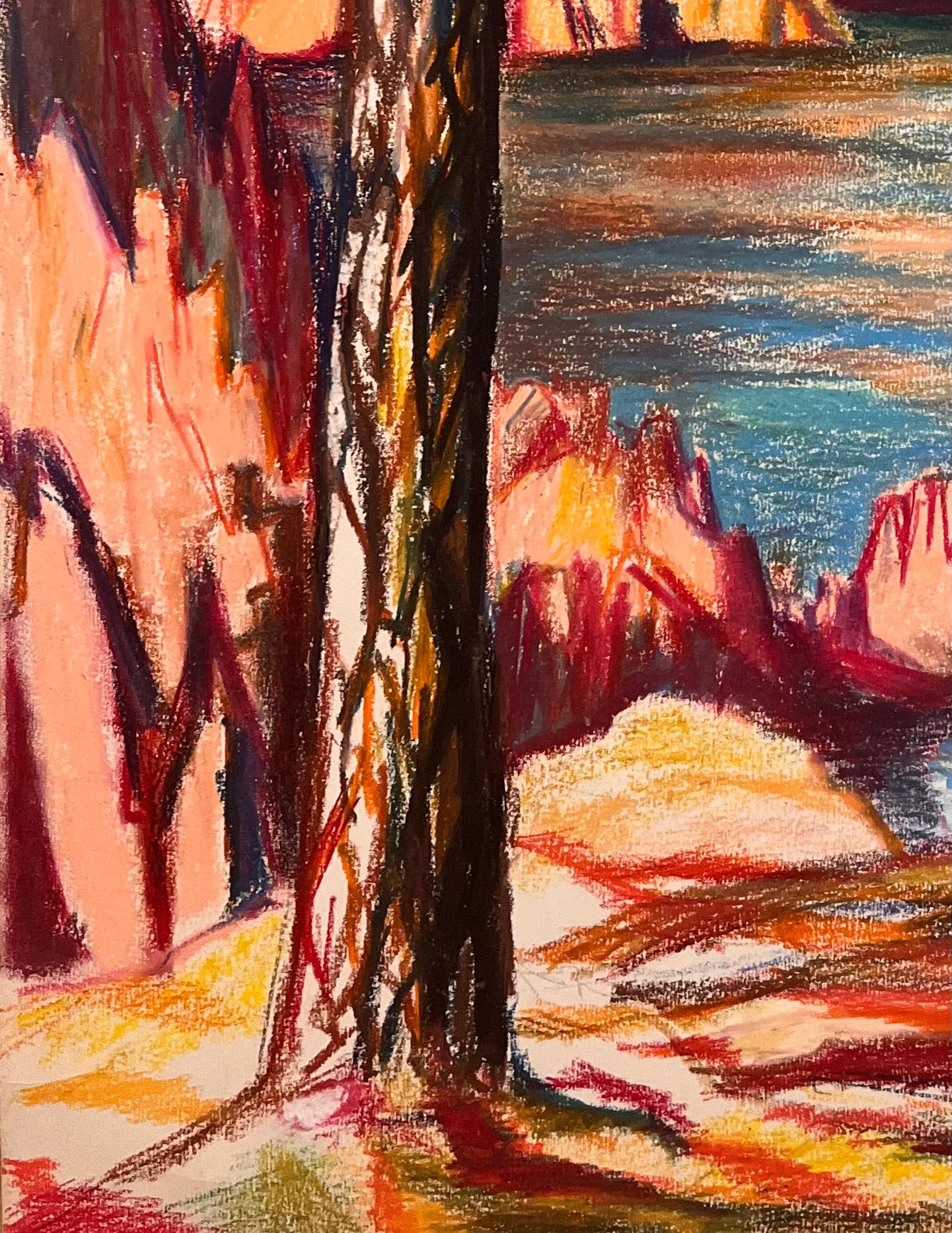 Pittura originale a pastello della metà del secolo scorso raffigurante una vista costiera rocciosa a Le Trayas in vendita 1
