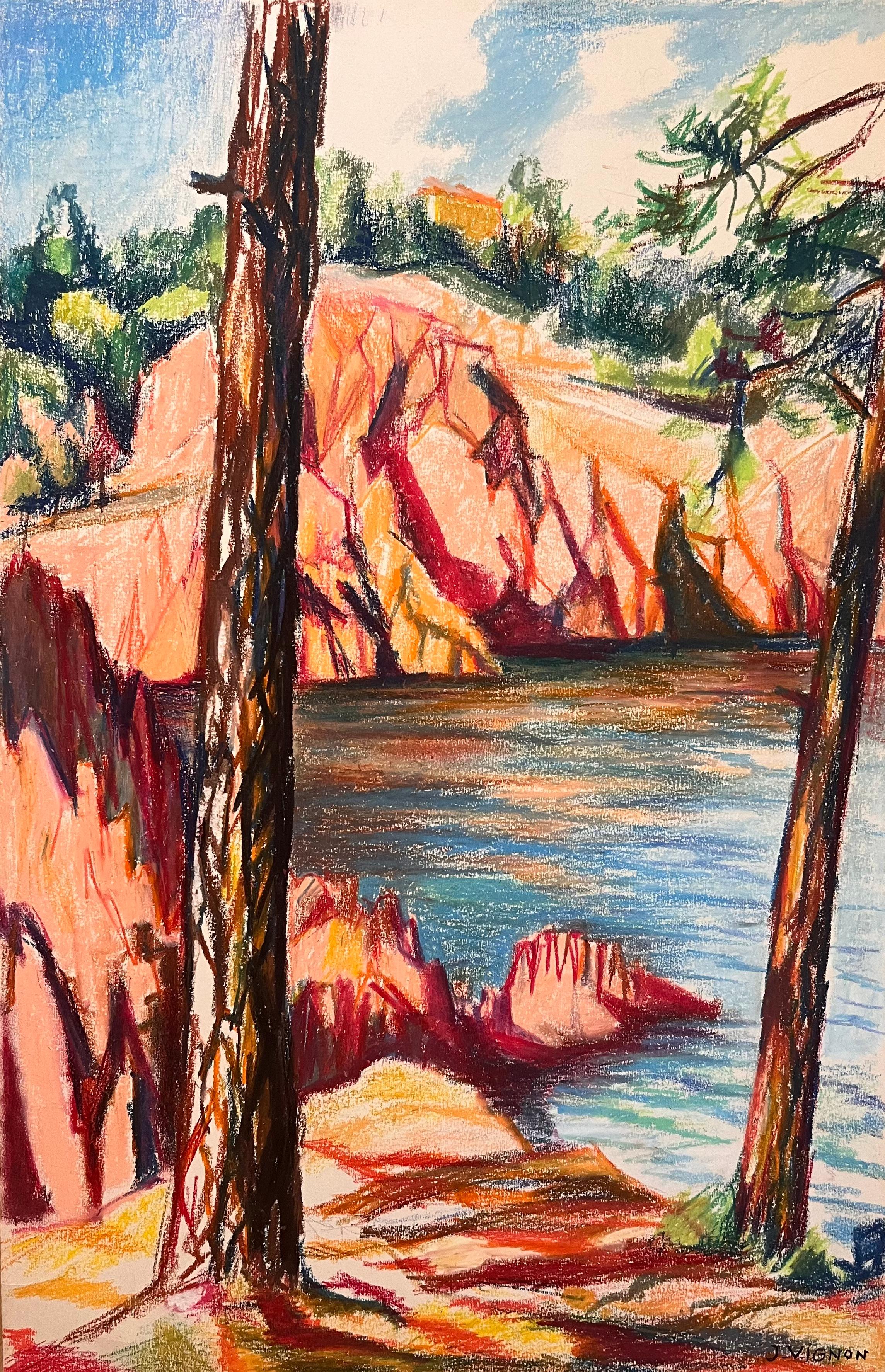 Landscape Painting di Josine Vignon - Pittura originale a pastello della metà del secolo scorso raffigurante una vista costiera rocciosa a Le Trayas