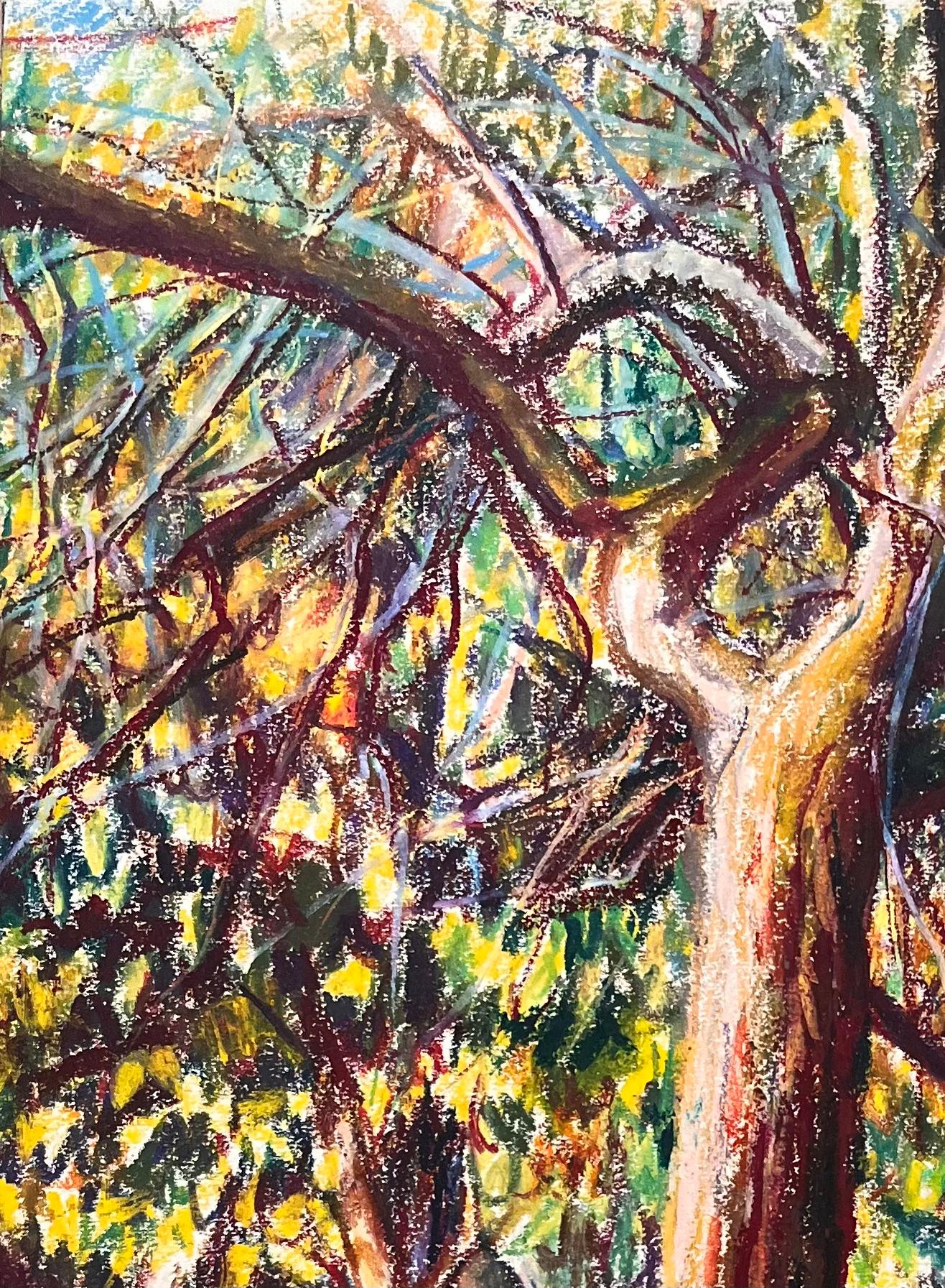 Pastel original français du milieu du siècle représentant un verger éclairé par le soleil - Painting de Josine Vignon