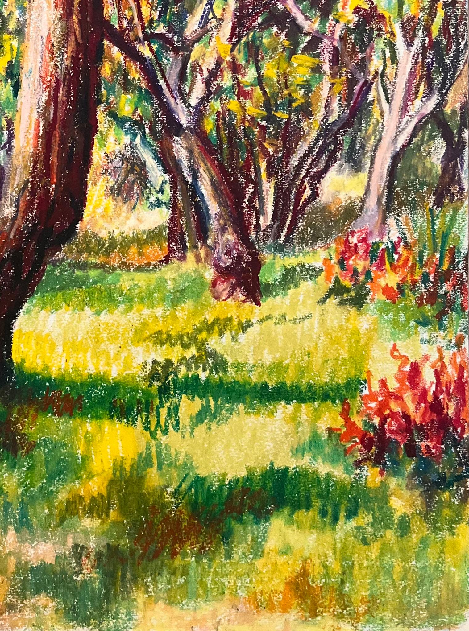 Pastel original français du milieu du siècle représentant un verger éclairé par le soleil - Marron Landscape Painting par Josine Vignon
