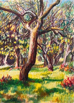 Mid Century Französisch Original Pastell Gemälde von Sunlit Obstgarten