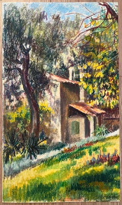 Mid Century French Original Pastel Painting of Sunlit Provence Countryside
