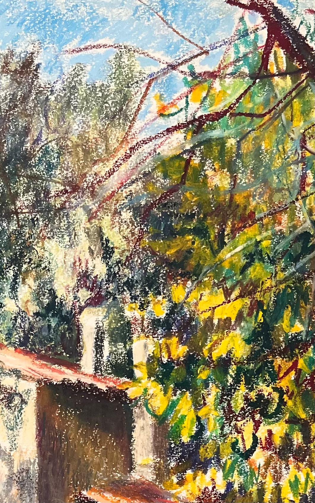 Französisches Original-Pastellgemälde der sonnenbeschienenen Landschaft der Provence aus der Mitte des Jahrhunderts (Braun), Landscape Art, von Josine Vignon