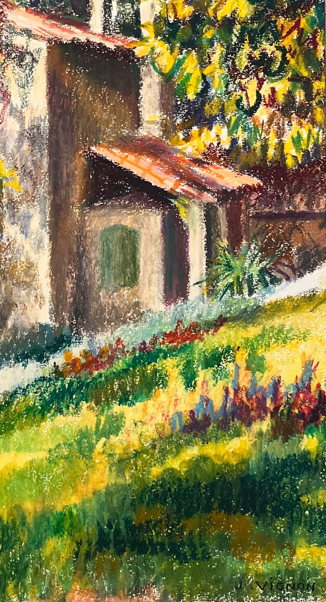 Titel: Französisches Original-Pastellgemälde der sonnenbeschienenen Landschaft der Provence aus der Mitte des Jahrhunderts

Künstlerin: Josine Vignon (Französisch 1922-2022)

Medium: Ölpastell auf Künstlerpapier

Größe: 19,25 (Höhe) x 11,25