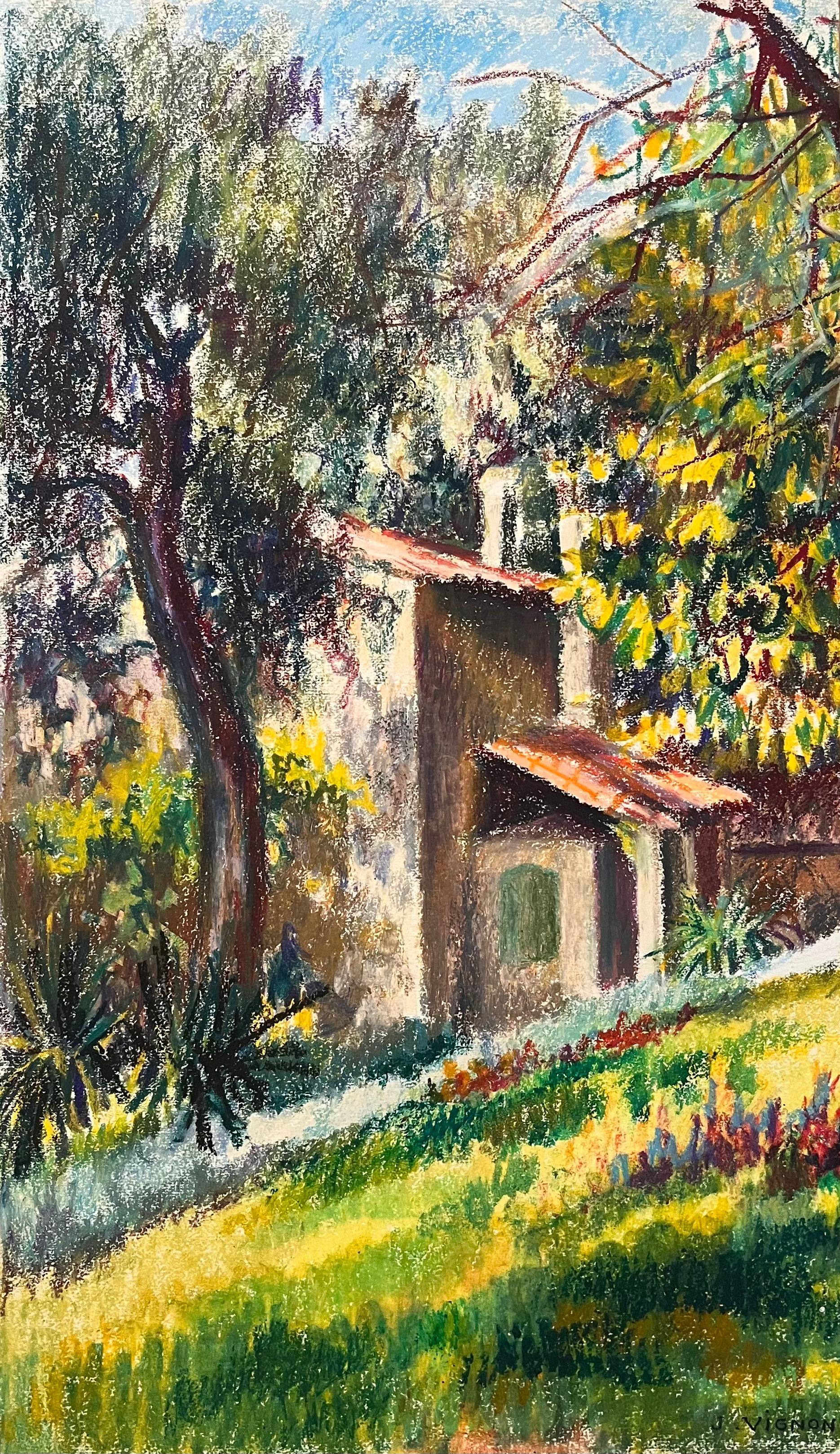 Französisches Original-Pastellgemälde der sonnenbeschienenen Landschaft der Provence aus der Mitte des Jahrhunderts