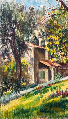 Mid Century French Original Pastel Painting of Sunlit Provence Countryside