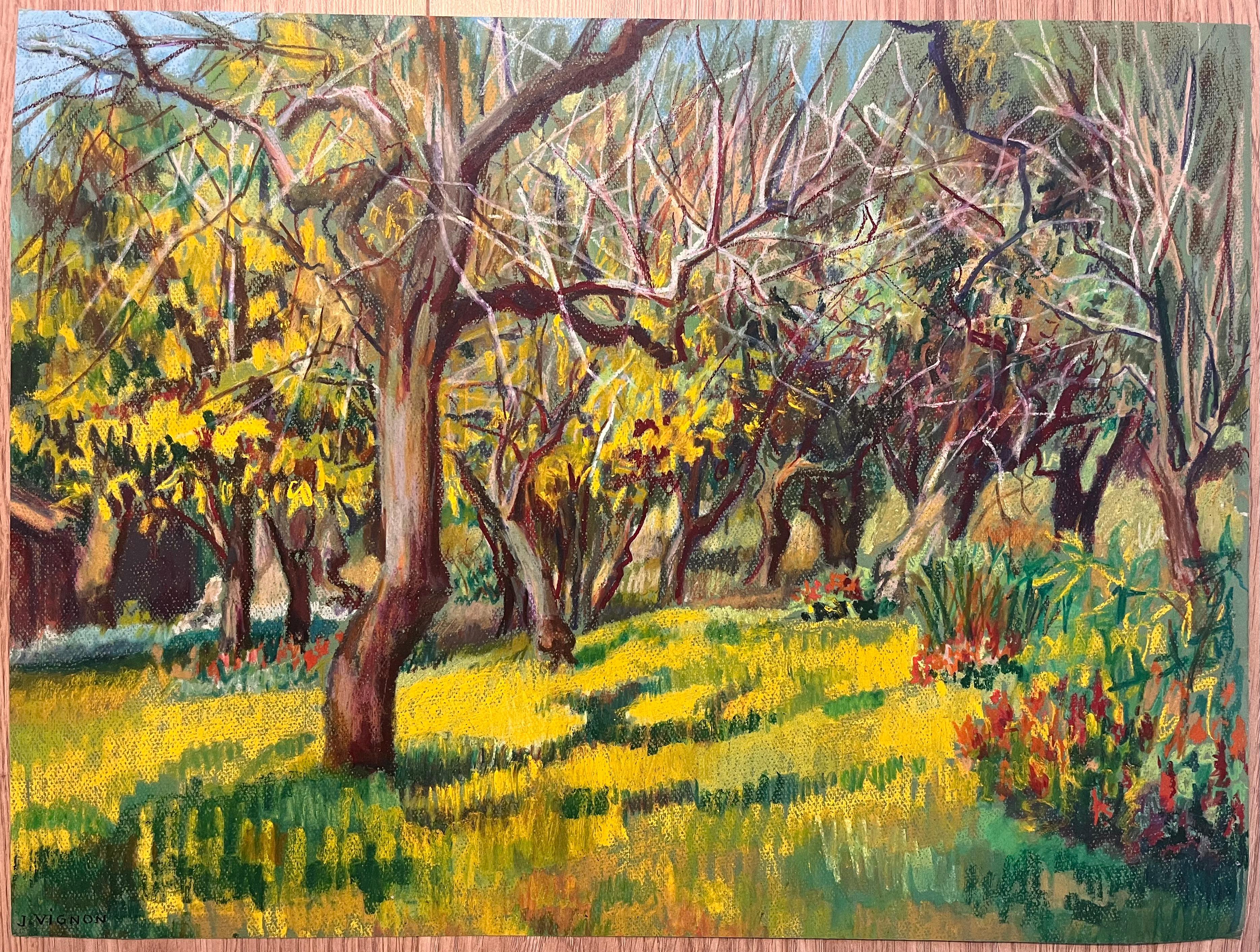 Pintura al pastel original francesa de mediados de siglo sobre un huerto bañado por el sol - Painting de Josine Vignon