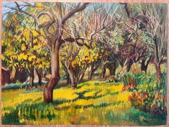 Originales pastellfarbenes Originalgemälde eines lebhaften, sonnenverwöhnten Obstgartens aus der Mitte des Jahrhunderts