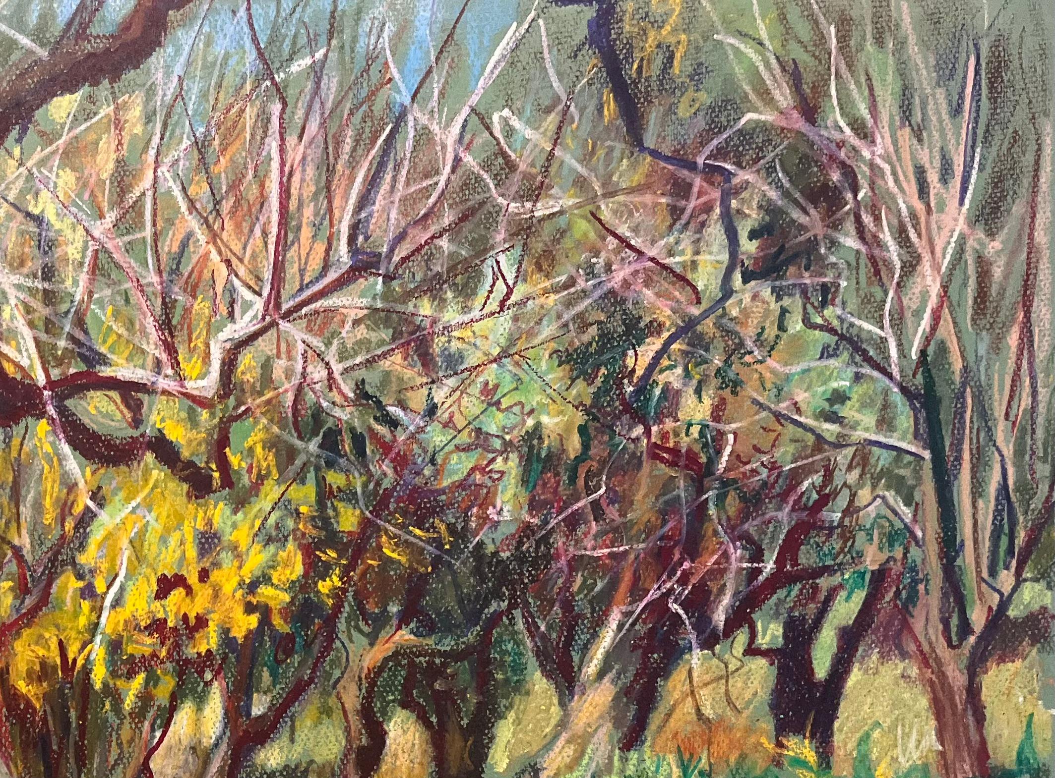 Pintura al pastel original francesa de mediados de siglo sobre un huerto bañado por el sol - Landscape Painting Marrón de Josine Vignon