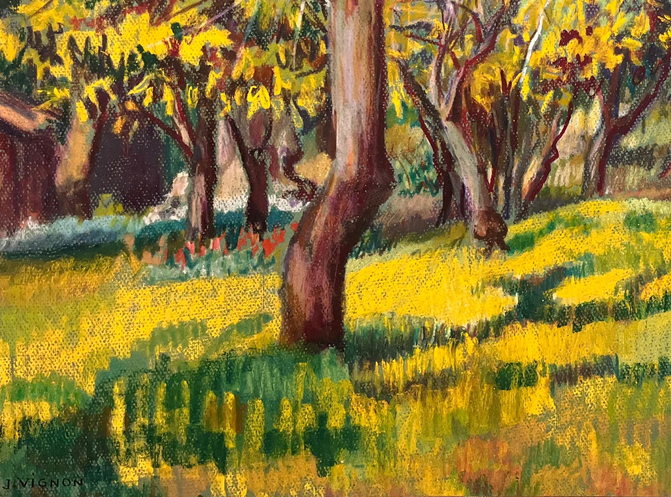 Pintura al pastel original francesa de mediados de siglo sobre un huerto bañado por el sol en venta 1