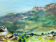 Mid Century French Original Watercolor Green Mountains On A Summers Day