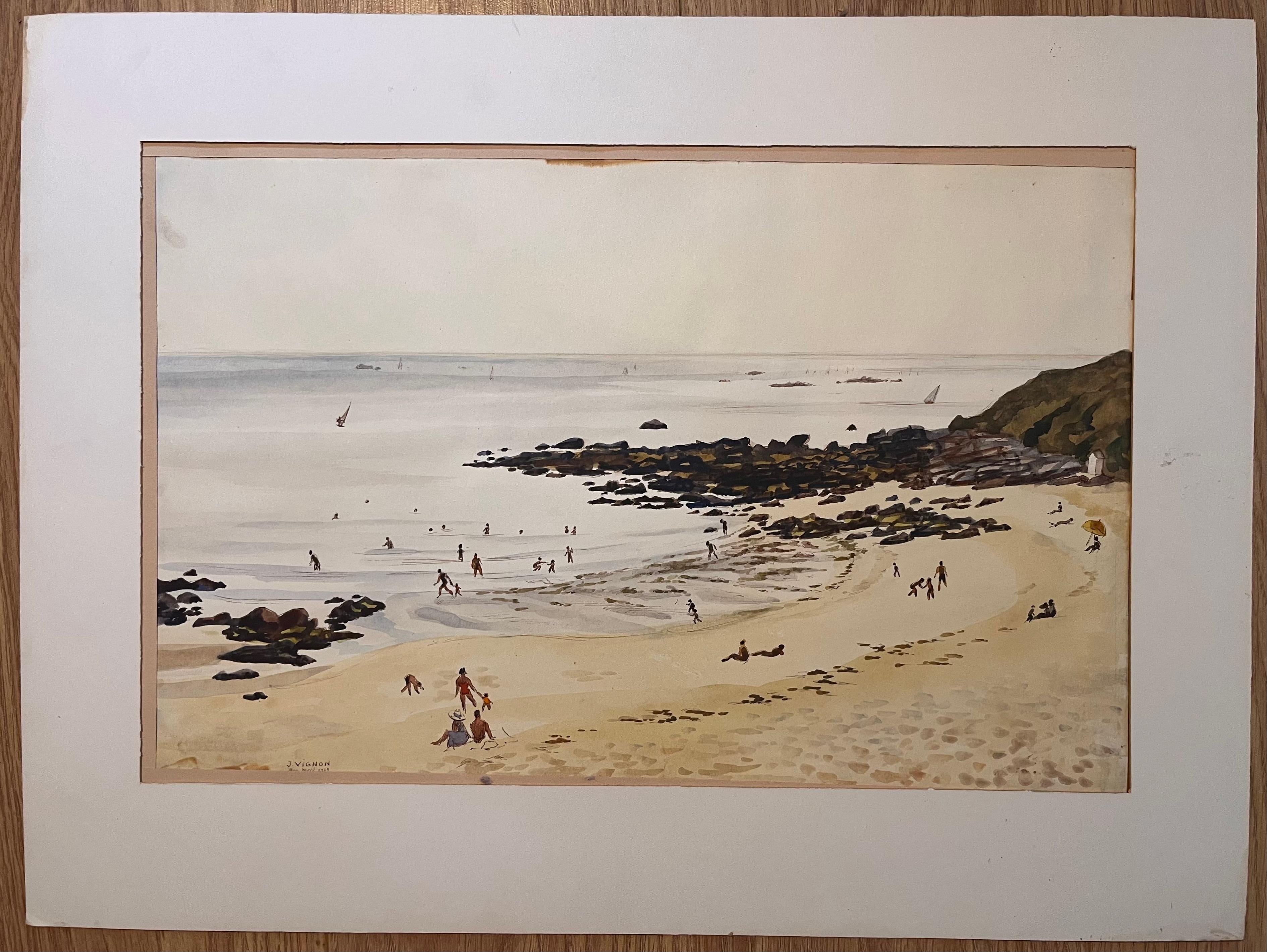 Französisches Original-Aquarell aus der Mitte des Jahrhunderts mit Beg-Meil- Strandszene mit Badenden – Art von Josine Vignon