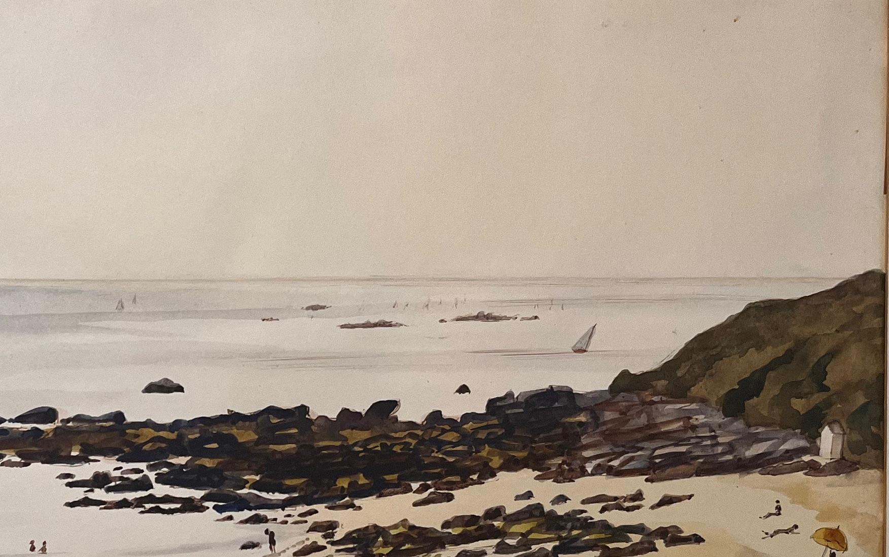 Französisches Original-Aquarell aus der Mitte des Jahrhunderts mit Beg-Meil- Strandszene mit Badenden (Beige), Landscape Art, von Josine Vignon