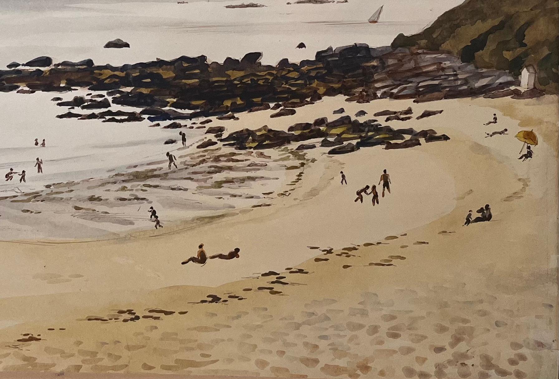 Titel: Französisches Originalaquarell aus der Jahrhundertmitte von Beg-Meil Strandszene mit Badenden

Künstlerin: Josine Vignon (Französisch 1922-2022)

Medium: Aquarell auf Künstlerpapier

Größe: 18,25 (Höhe) x 24,25 (Breite)

Unterschrieben:
