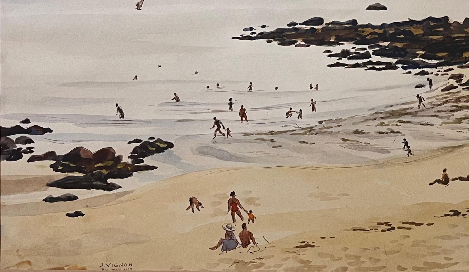Französisches Original-Aquarell aus der Mitte des Jahrhunderts mit Beg-Meil- Strandszene mit Badenden im Angebot 1