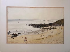 Mid Century French Original Watercolor of Beg-Meil Beach Scene with Bathers