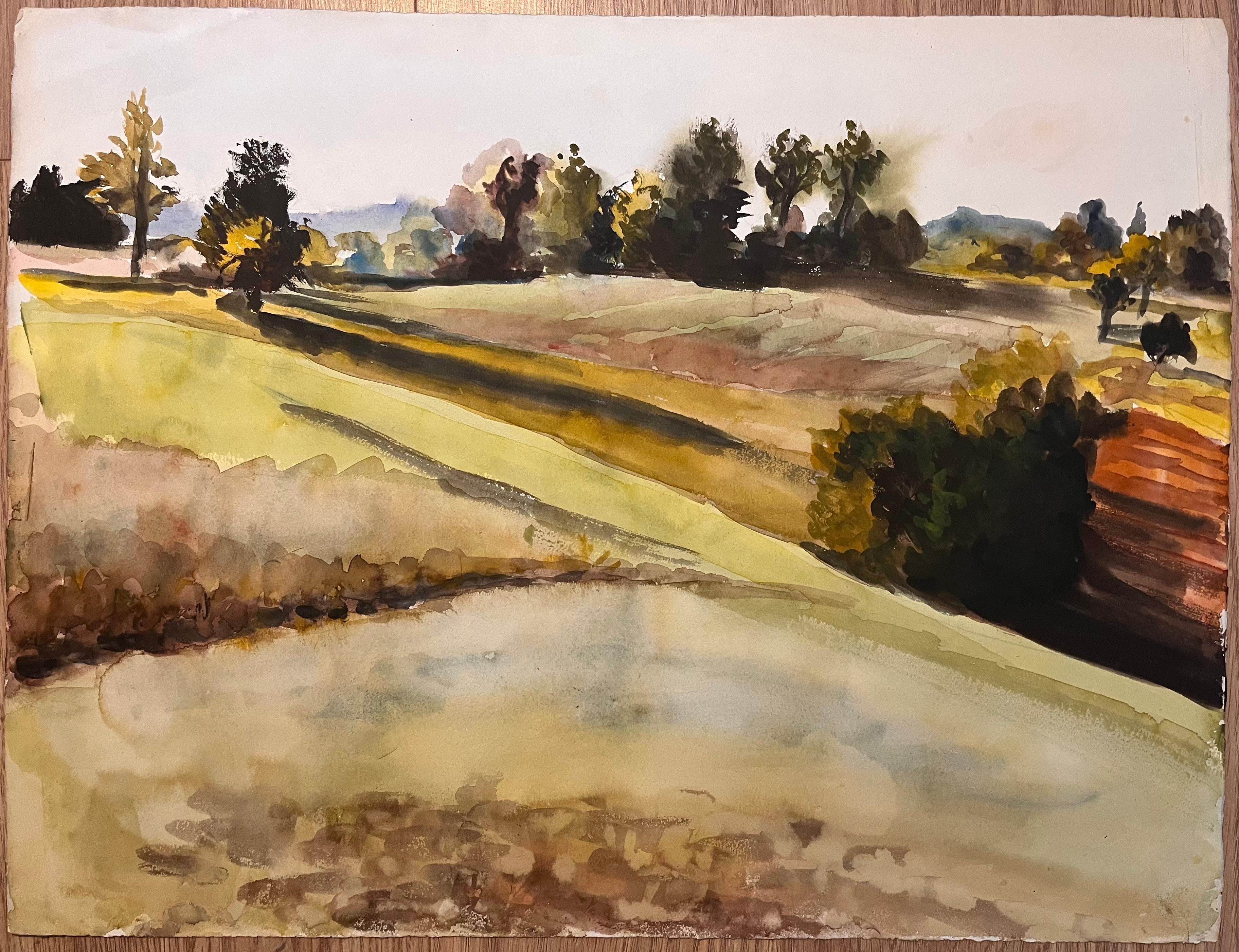 Mid Century Französisch Original Aquarell von Sunlit Fields – Art von Josine Vignon