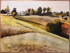 Aquarelle originale française du milieu du siècle représentant des champs ensoleillés