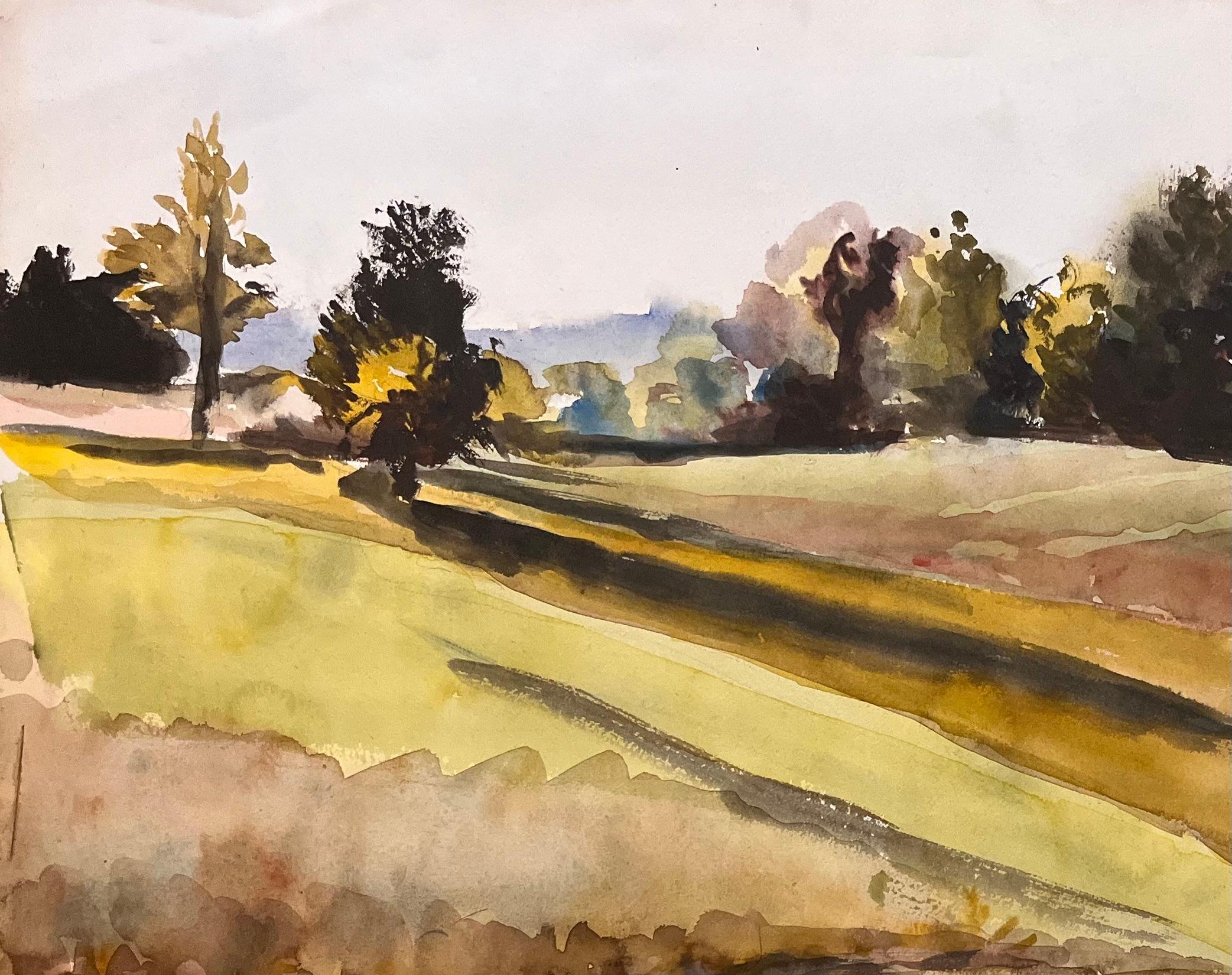 Mid Century Französisch Original Aquarell von Sunlit Fields (Impressionismus), Art, von Josine Vignon