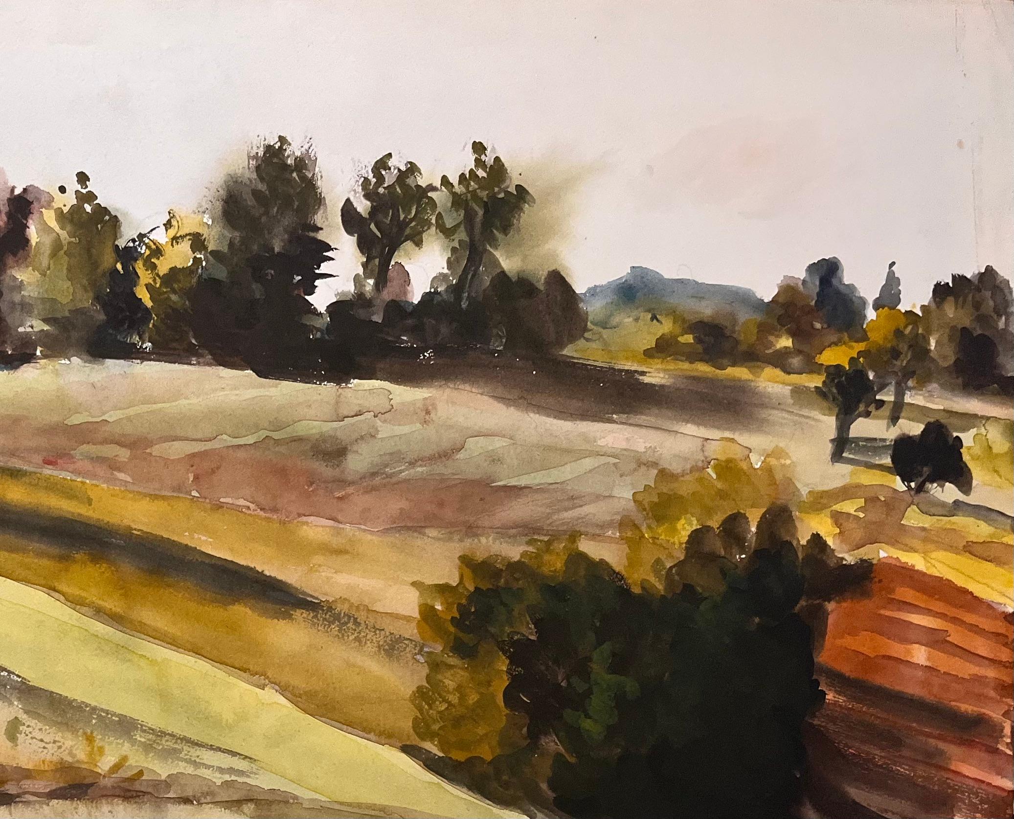 Mid Century Französisch Original Aquarell von Sunlit Fields (Braun), Landscape Art, von Josine Vignon