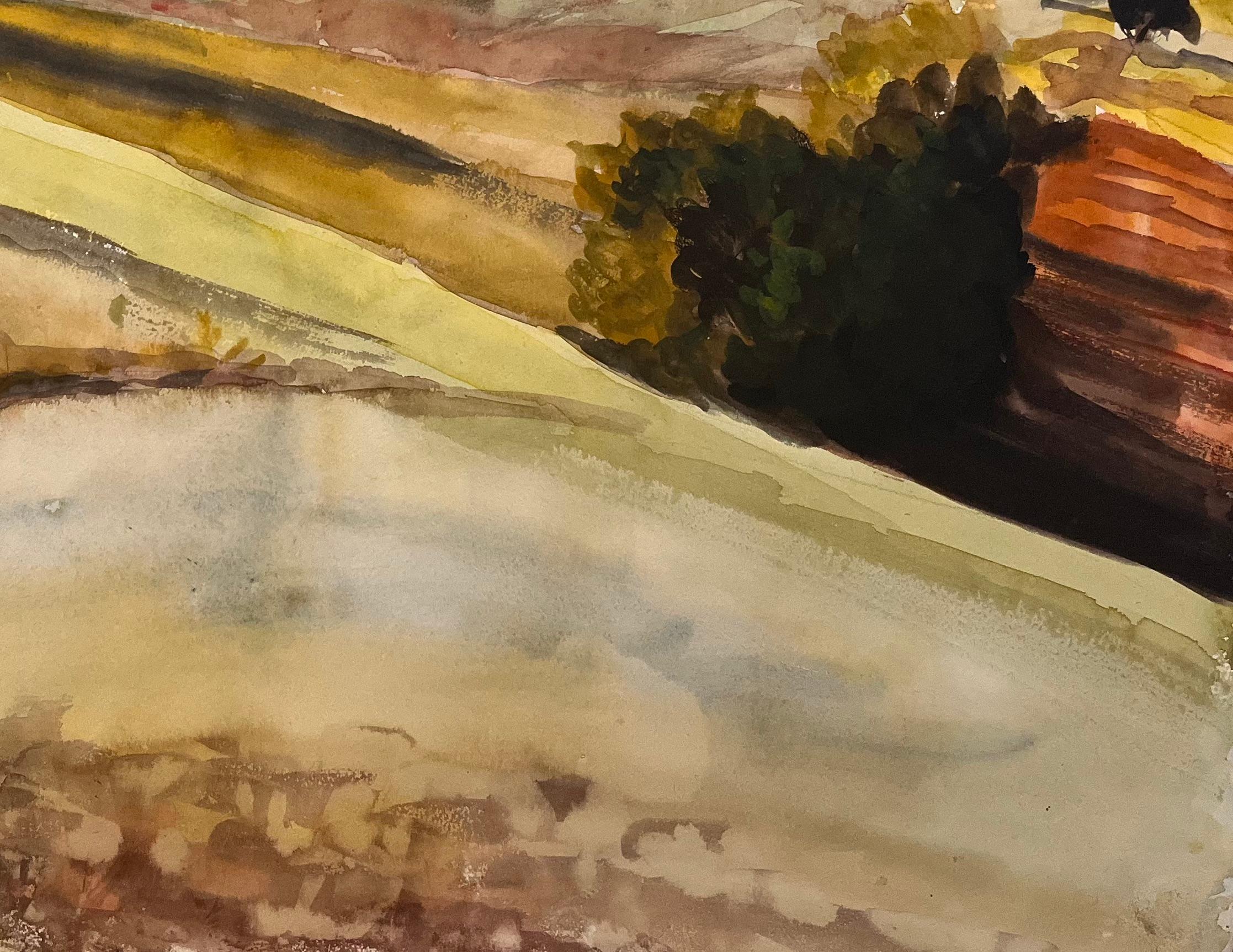Titel: Französisches Originalaquarell aus der Jahrhundertmitte mit sonnenbeschienenen Feldern

Künstlerin: Josine Vignon (Französisch 1922-2022)

Medium: Aquarell auf Künstlerpapier

Größe: 19,75 (Höhe) x 24,75 (Breite)

Gestempelt: Verso

Zustand: