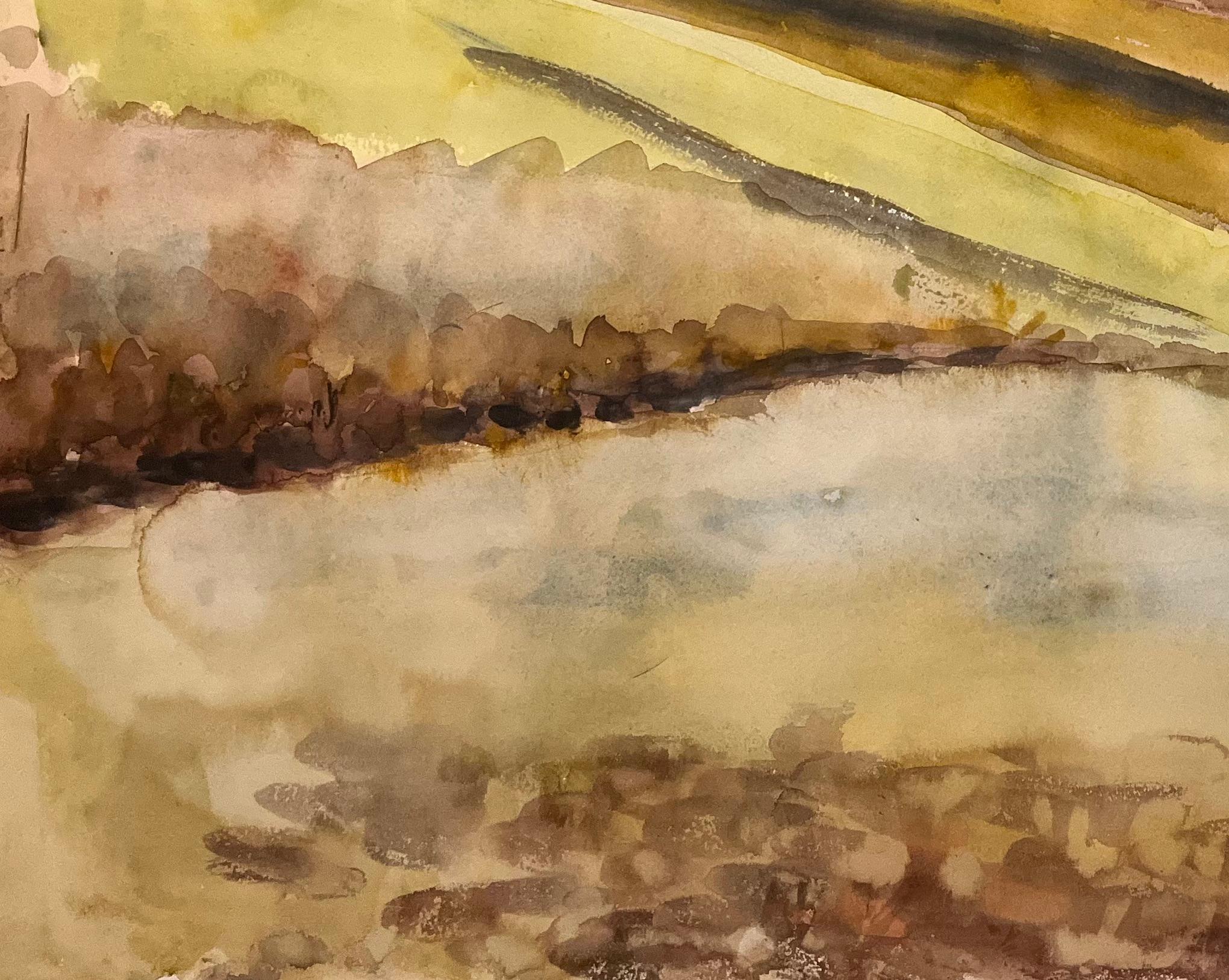 Mid Century Französisch Original Aquarell von Sunlit Fields im Angebot 1