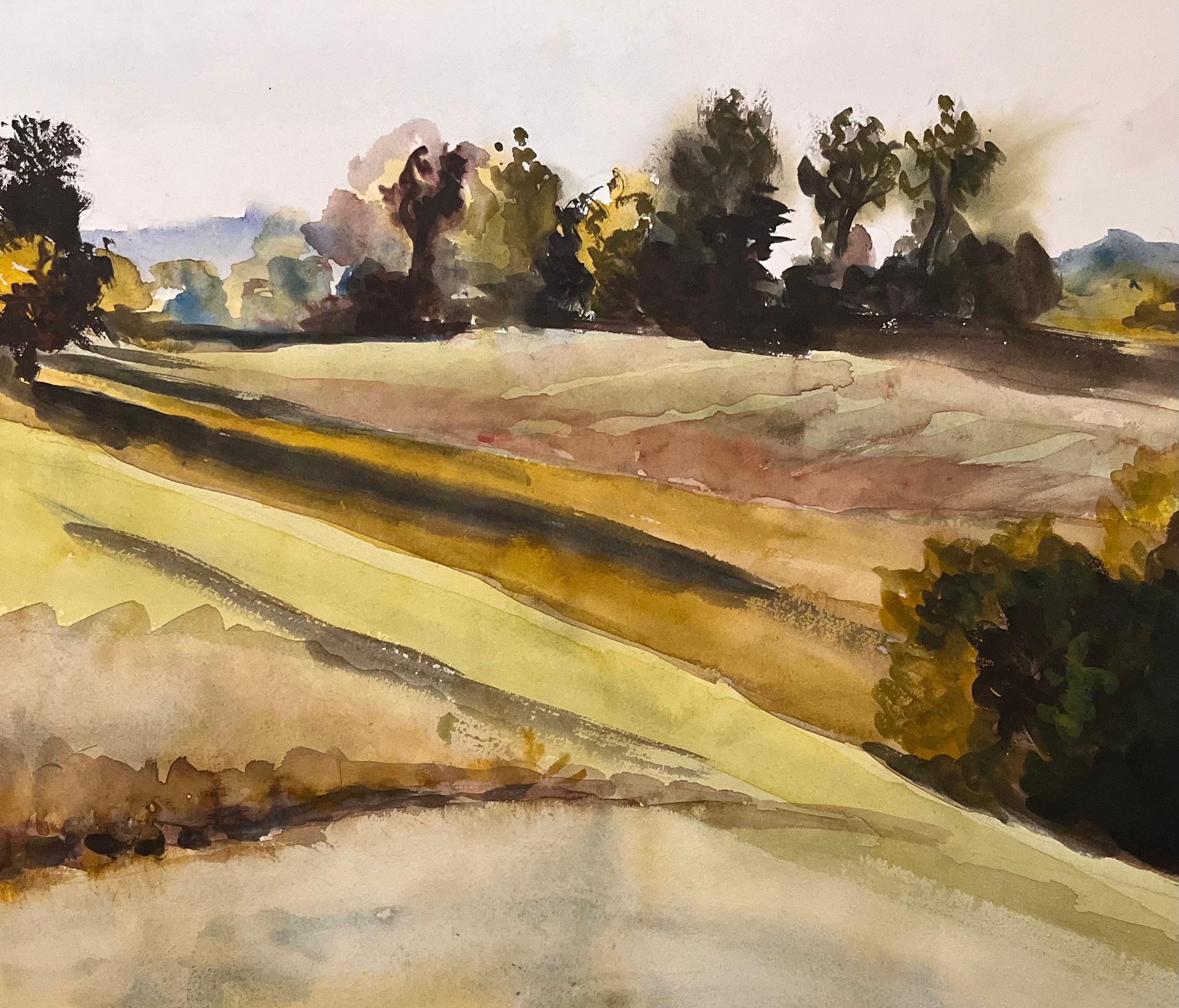 Mid Century Französisch Original Aquarell von Sunlit Fields im Angebot 2