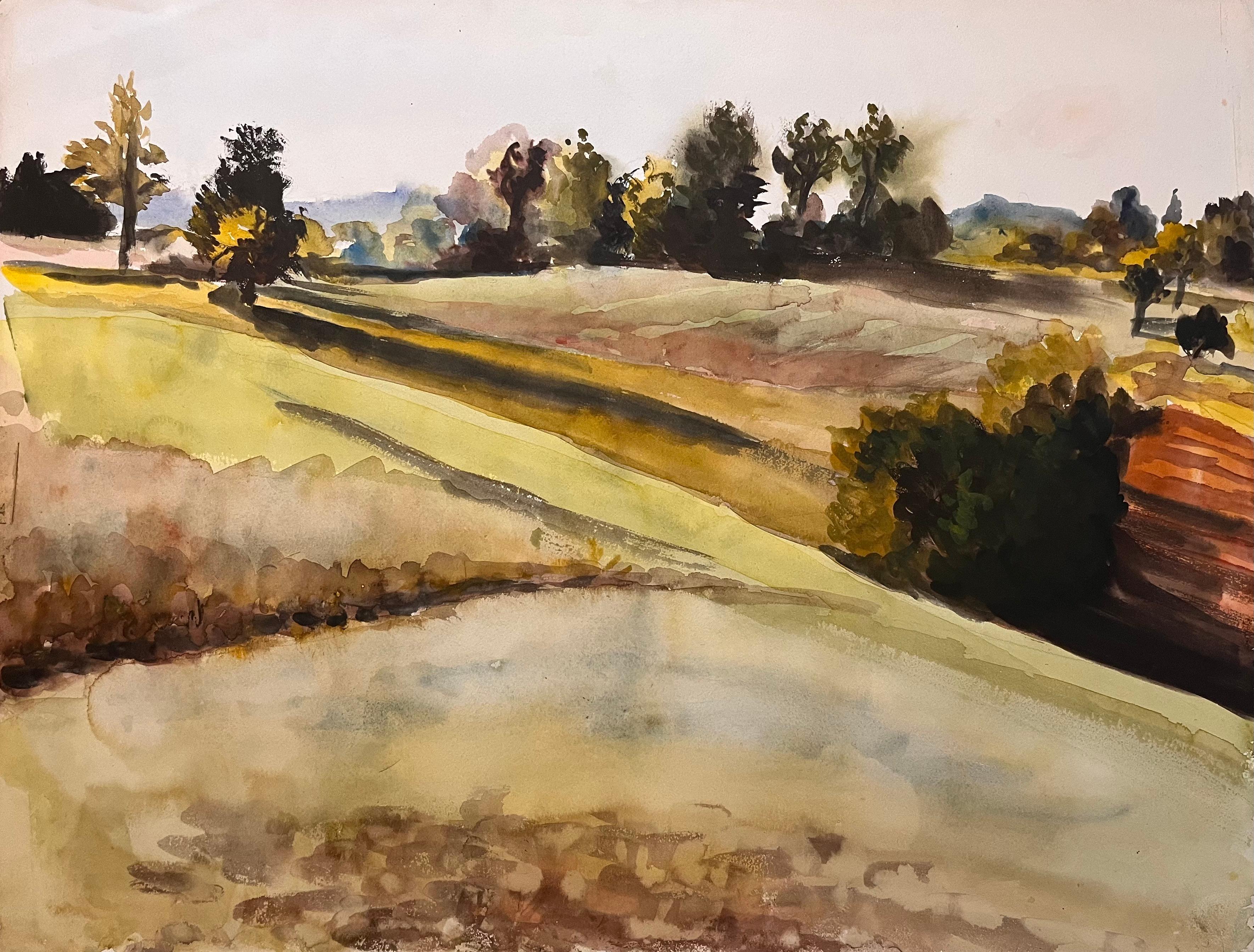 Josine Vignon Landscape Art – Mid Century Französisch Original Aquarell von Sunlit Fields