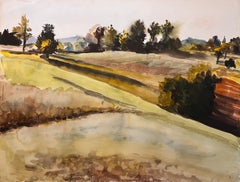 Mid Century Französisch Original Aquarell von Sunlit Fields