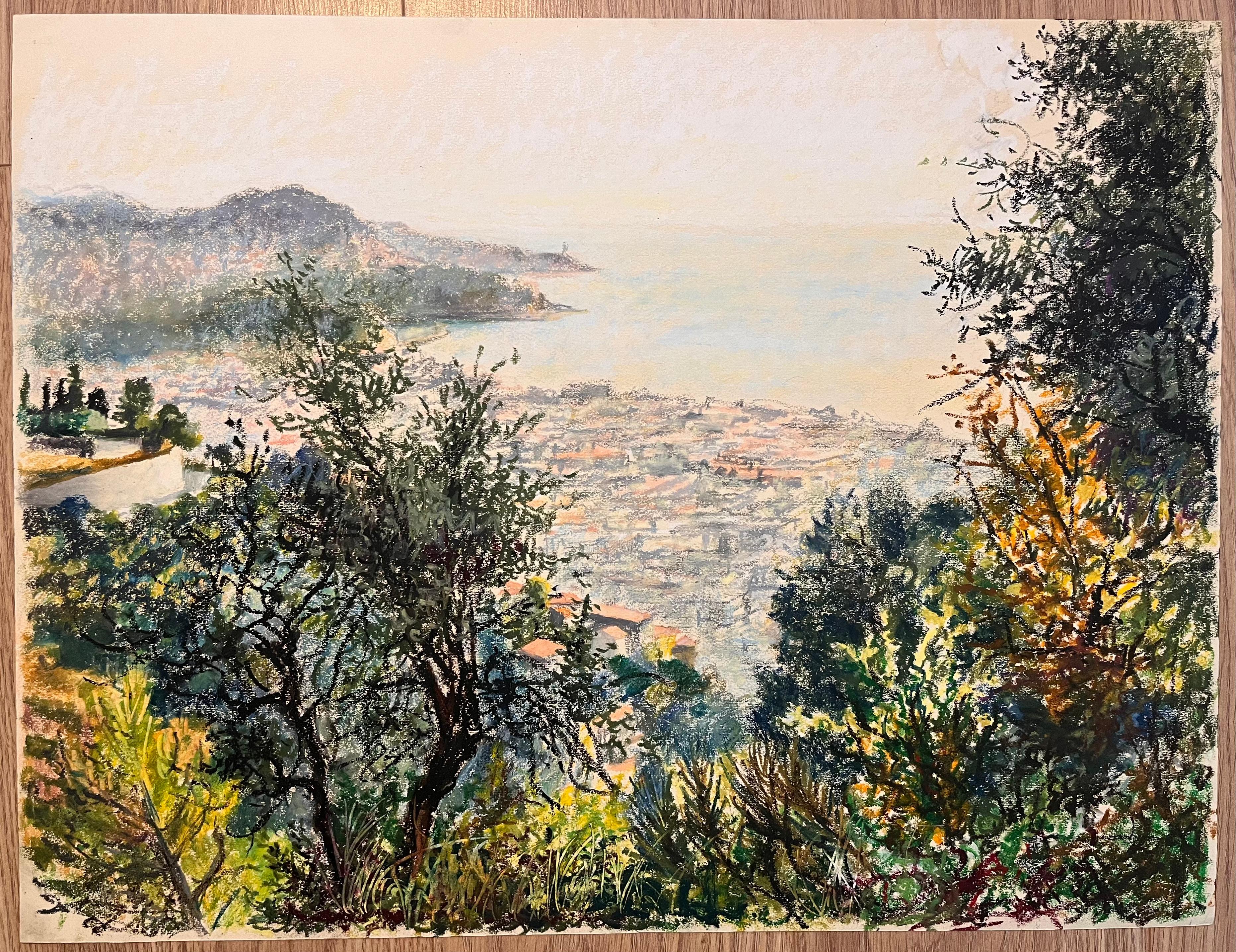 Mid Century Französisch Pastell Zeichnung eines üppigen Garten mit Blick auf Küsten-Szene – Art von Josine Vignon
