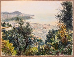 Disegno a pastello francese di metà secolo di un giardino lussureggiante che si affaccia su una scena costiera