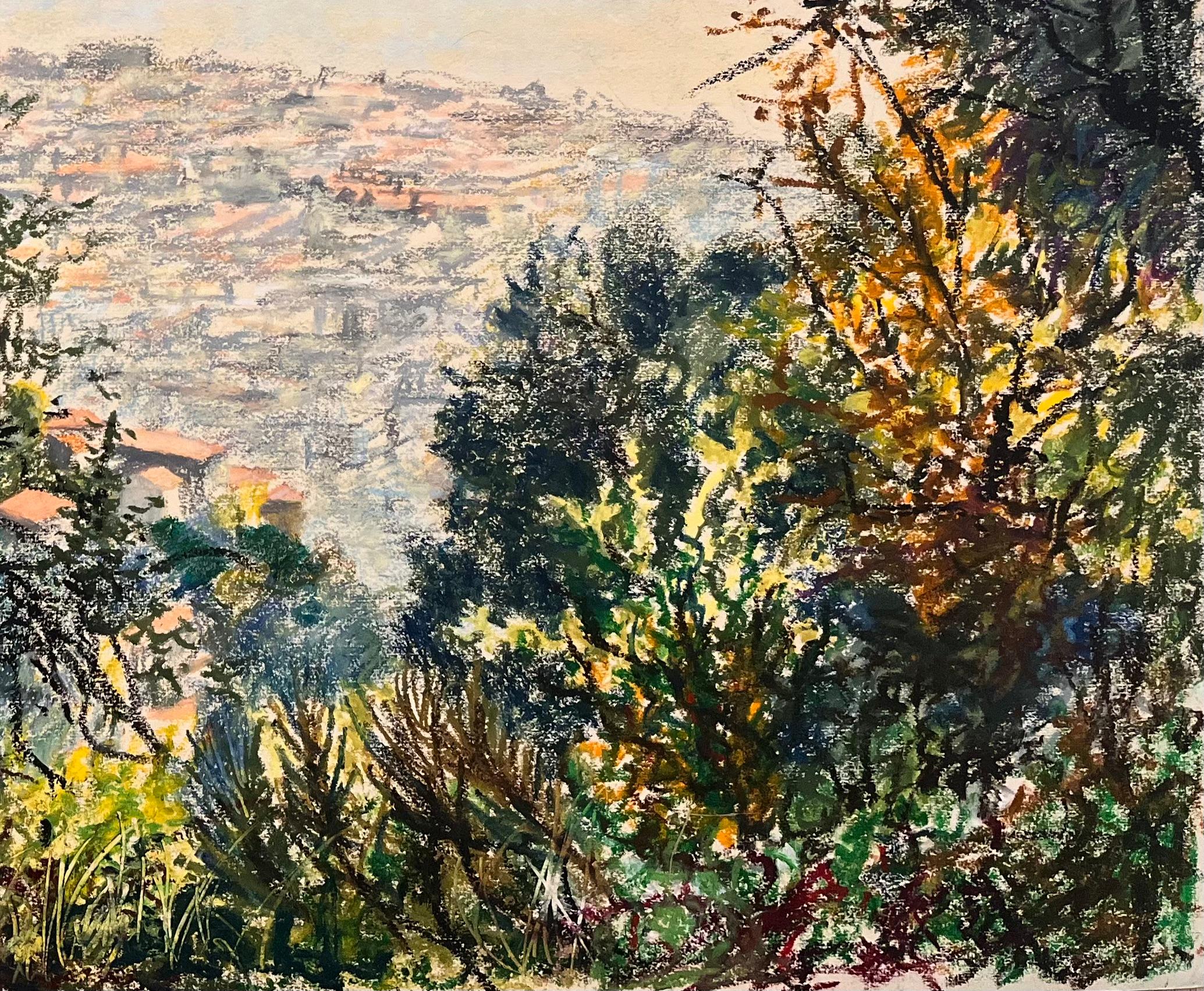 Titel: Französische Pastellzeichnung aus der Mitte des Jahrhunderts mit Blick auf einen üppigen Garten und eine Küstenlandschaft

Künstlerin: Josine Vignon (Französisch 1922-2022)

Medium: Ölpastell auf Künstlerpapier

Größe: 19,25 (Höhe) x 25