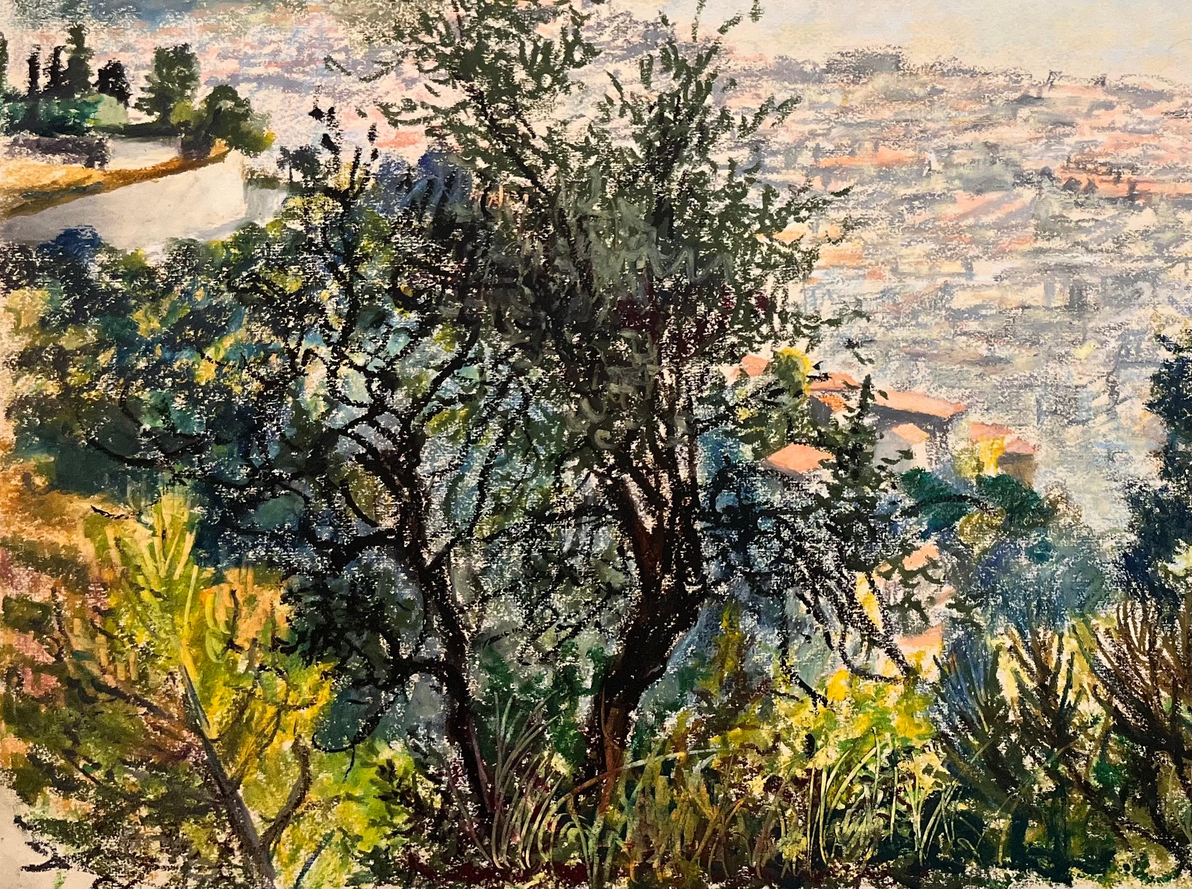 Mid Century Französisch Pastell Zeichnung eines üppigen Garten mit Blick auf Küsten-Szene im Angebot 1