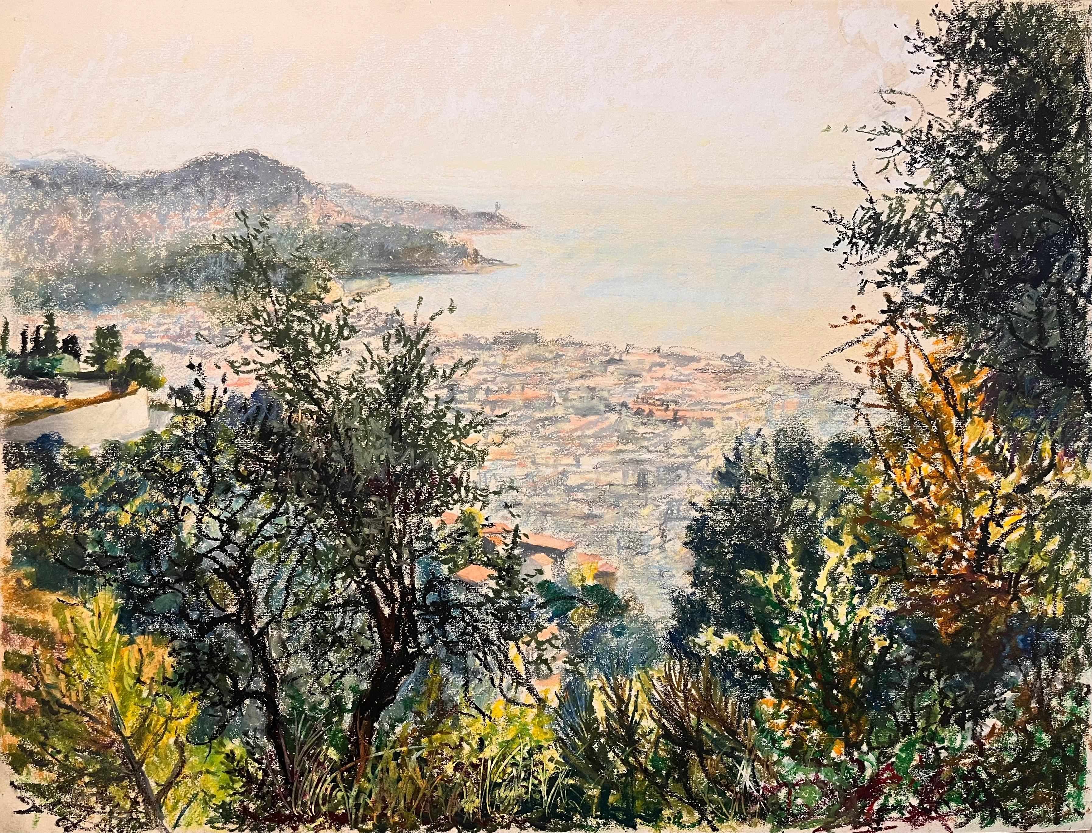 Dessin français du milieu du siècle dernier d'un jardin luxuriant donnant sur une scène côtière
