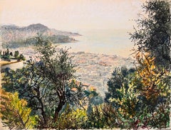 Dibujo al pastel francés de mediados de siglo de un exuberante jardín con vistas a una escena costera