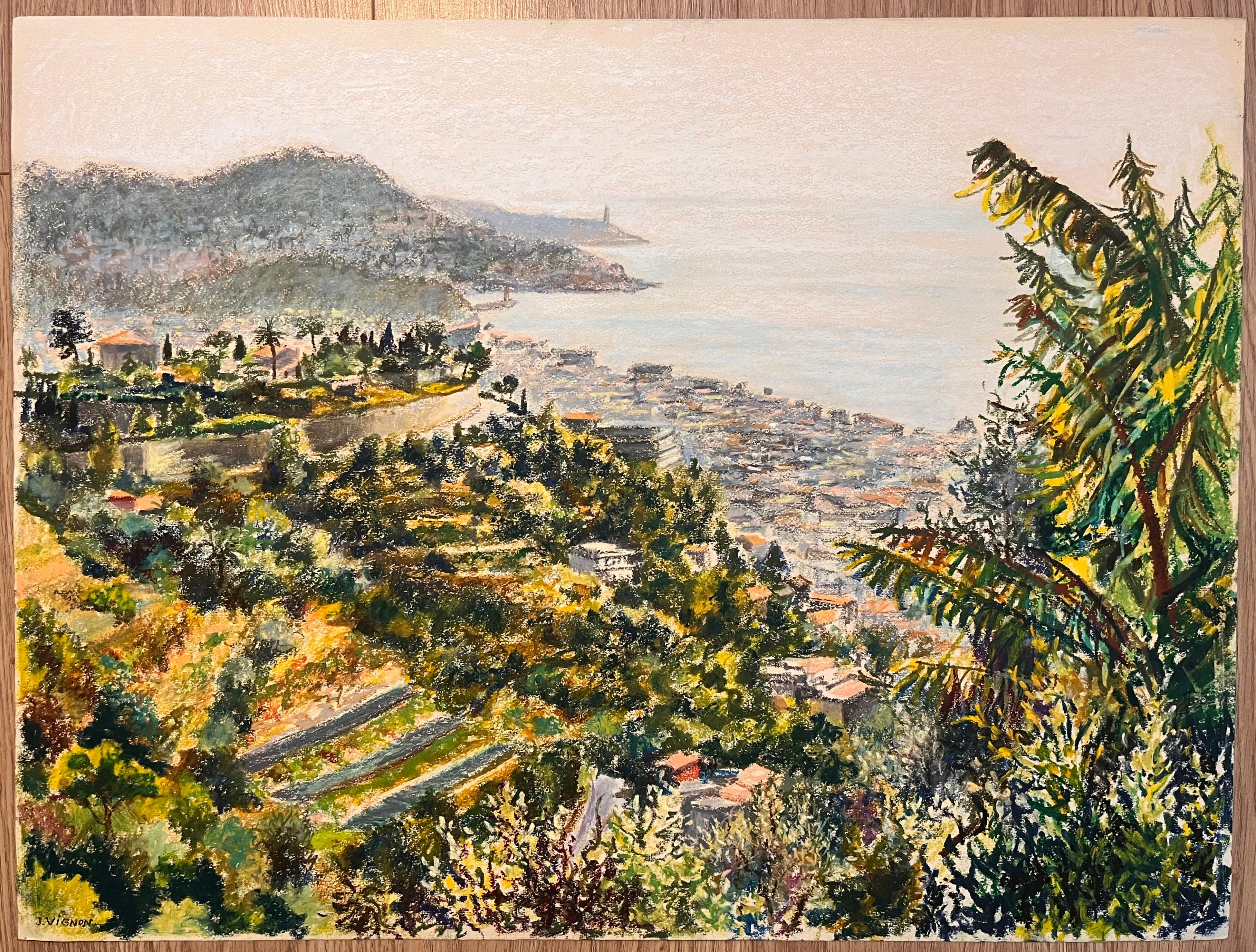 Dessin au pastel français du milieu du siècle représentant une colline côtière avec vue sur la mer et la Townes - Painting de Josine Vignon
