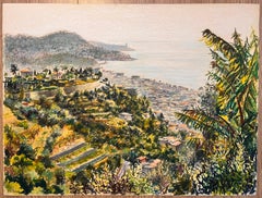 Disegno a pastello francese di metà secolo di una collina costiera con vista sul mare e su Townes