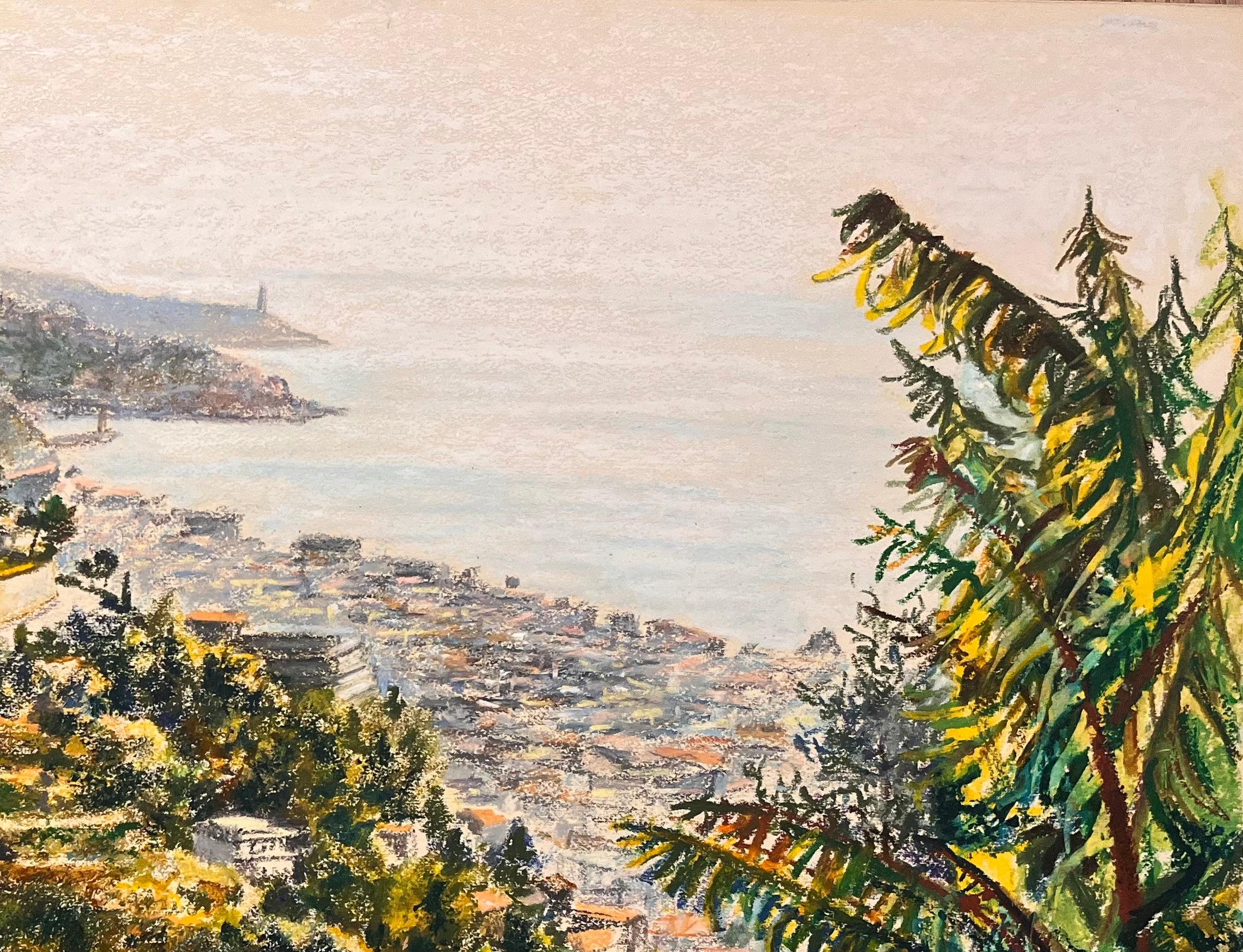 Dessin au pastel français du milieu du siècle représentant une colline côtière avec vue sur la mer et la Townes - Beige Landscape Painting par Josine Vignon