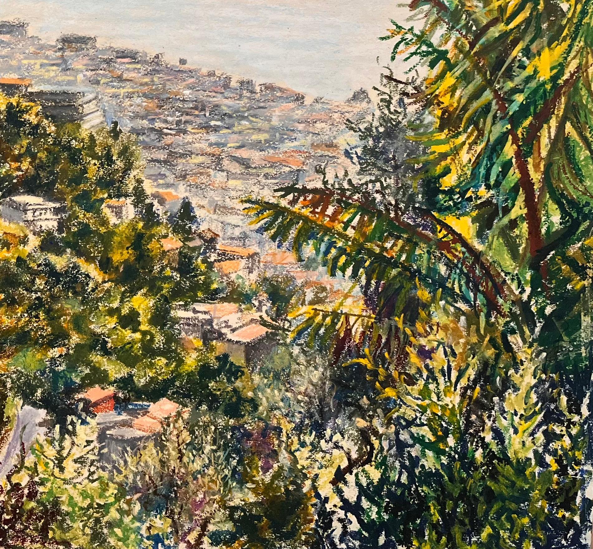 Titre : Dessin au pastel français du milieu du siècle représentant une colline côtière avec vue sur la mer et la ville

Artistics : Josine Vignon (française 1922-2022)

Médium : Pastel à l'huile sur papier d'artiste

Taille : 19,25 (hauteur) x 25,75