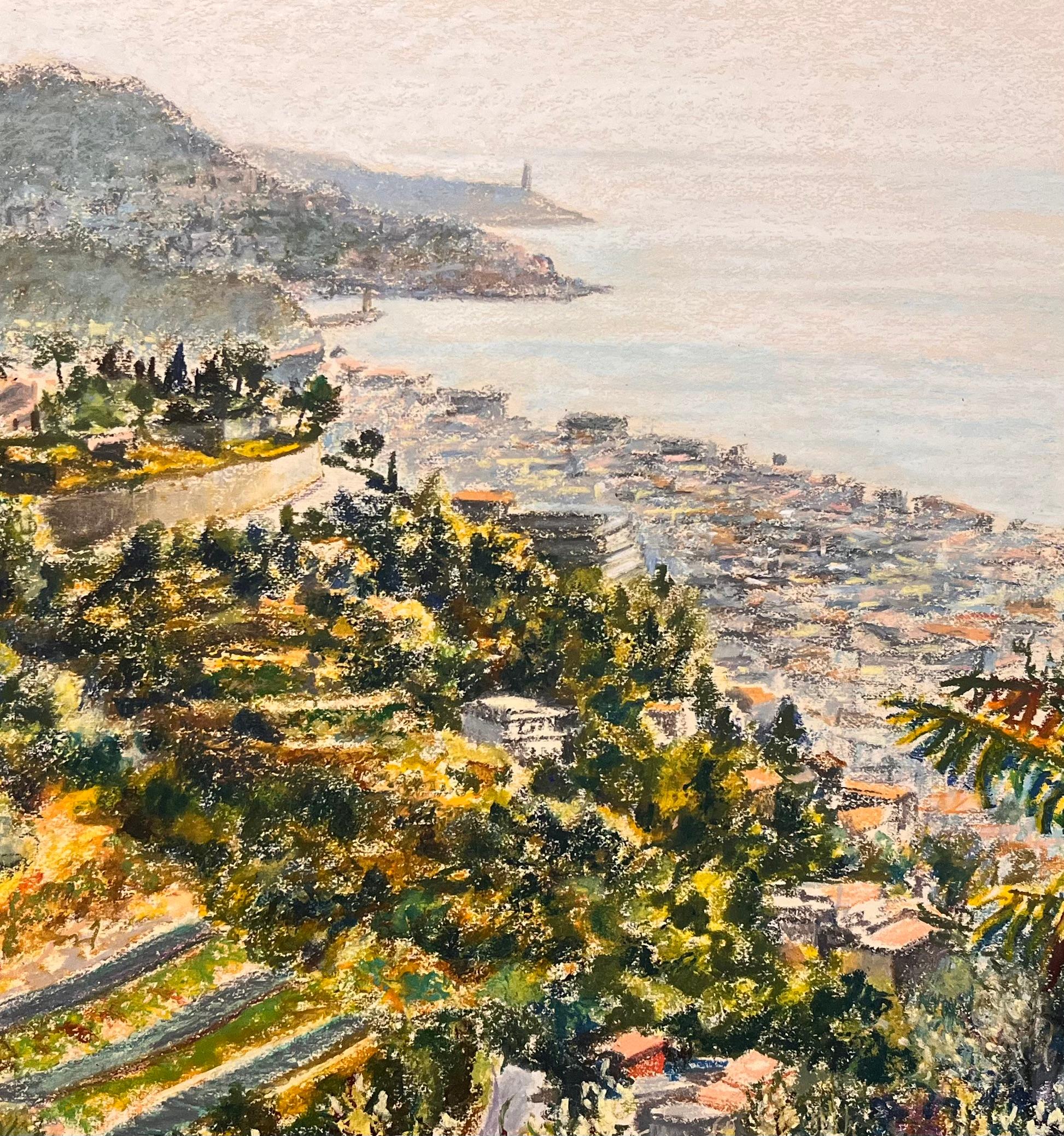Dessin au pastel français du milieu du siècle représentant une colline côtière avec vue sur la mer et la Townes en vente 2