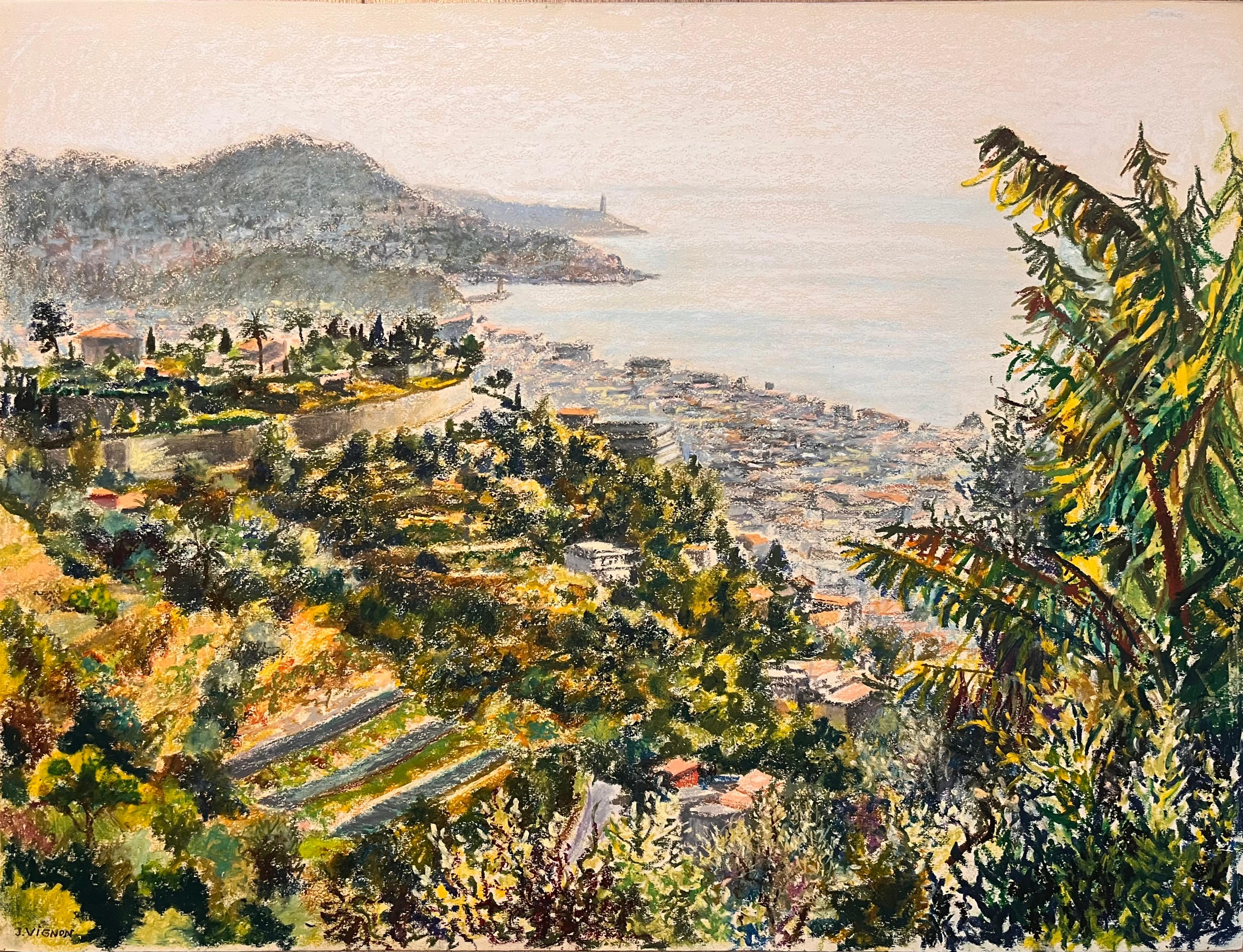Landscape Painting Josine Vignon - Dessin au pastel français du milieu du siècle représentant une colline côtière avec vue sur la mer et la Townes