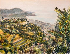 Mid Century Französisch Pastell Zeichnung der Coastal Hillside mit Meer und Townes Blick